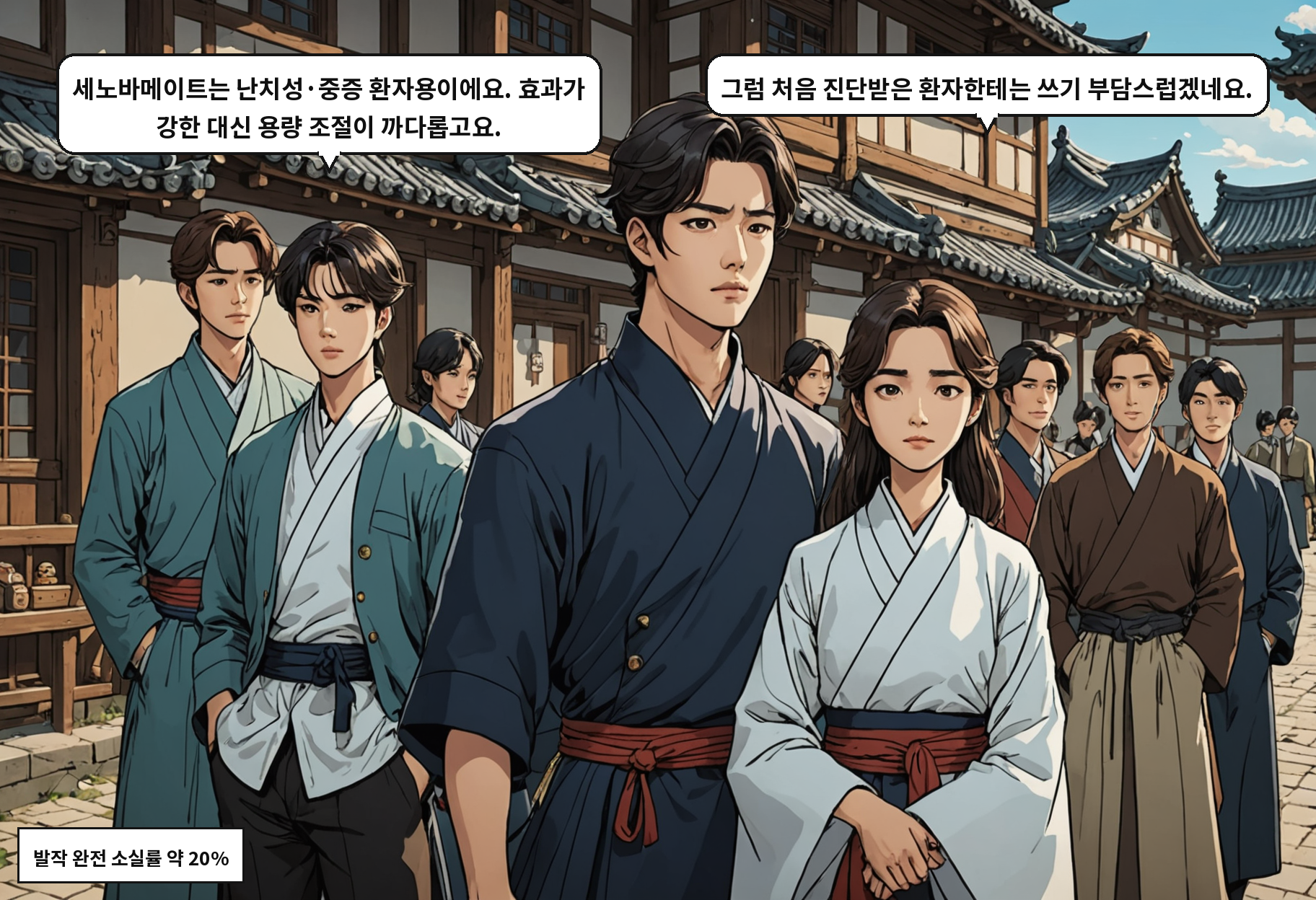 A: 세노바메이트는 난치성·중증 환자용이에요. 효과가 강한 대신 용량 조절이 까다롭고요. B: 그럼 처음 진단받은 환자한테는 쓰기 부담스럽겠네요.