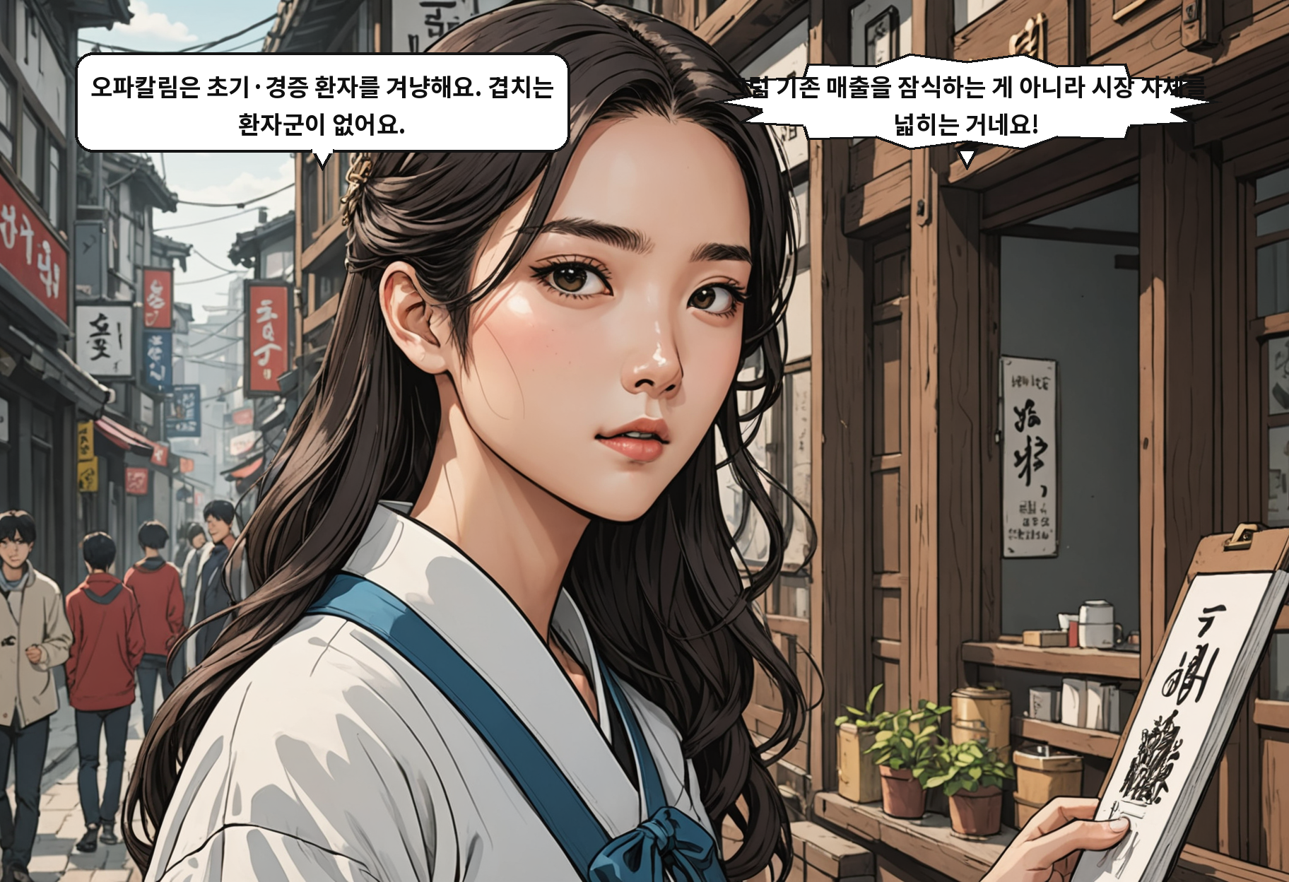 A: 오파칼림은 초기·경증 환자를 겨냥해요. 겹치는 환자군이 없어요. B: 그럼 기존 매출을 잠식하는 게 아니라 시장 자체를 넓히는 거네요!