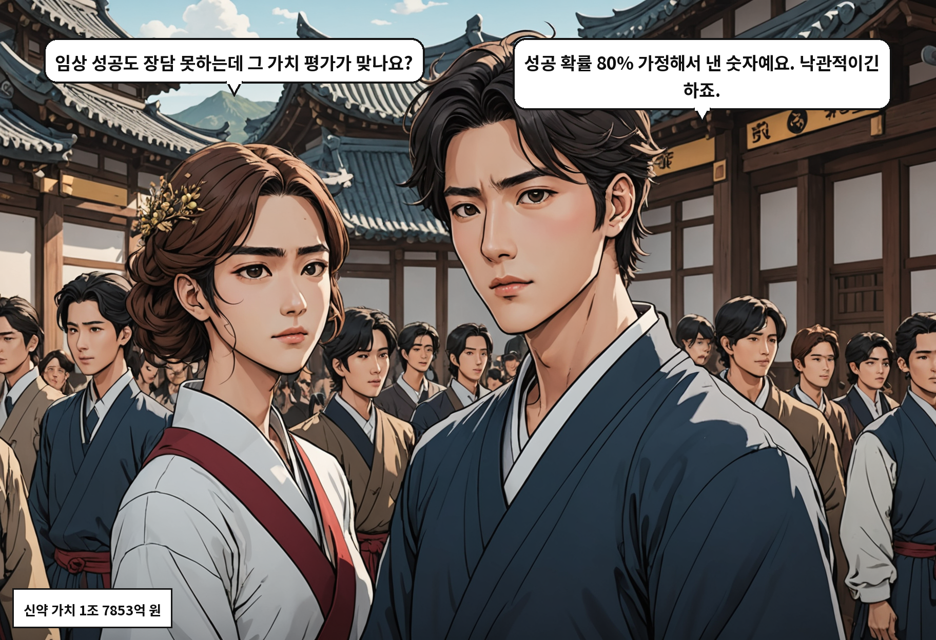 B: 임상 성공도 장담 못하는데 그 가치 평가가 맞나요? A: 성공 확률 80% 가정해서 낸 숫자예요. 낙관적이긴 하죠.