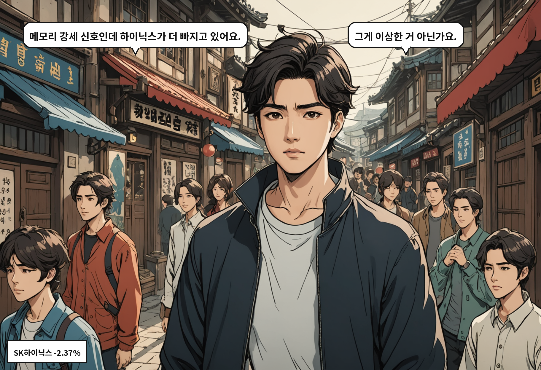 A: 메모리 강세 신호인데 하이닉스가 더 빠지고 있어요. B: 그게 이상한 거 아닌가요.