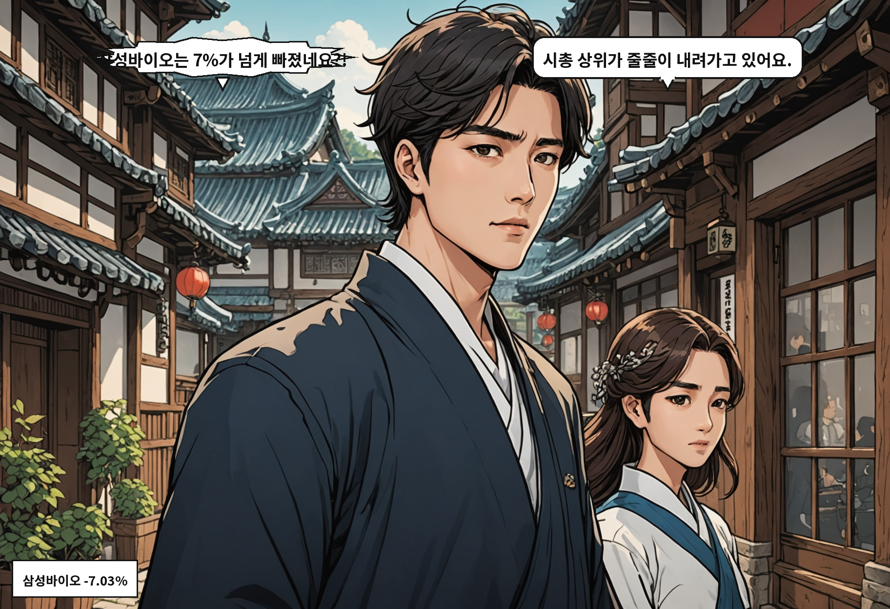 B: 삼성바이오는 7%가 넘게 빠졌네요?! A: 시총 상위가 줄줄이 내려가고 있어요.