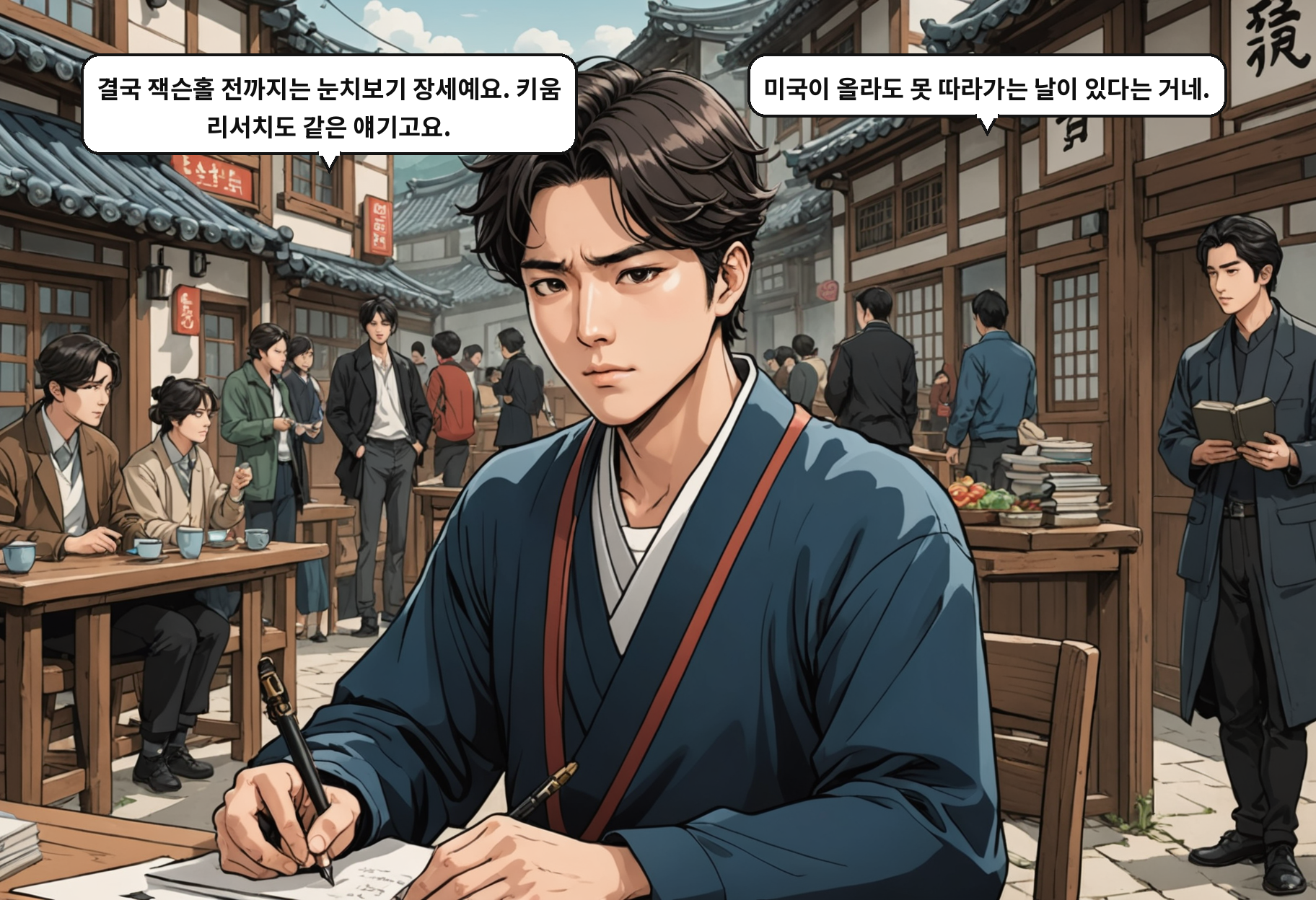 A: 결국 잭슨홀 전까지는 눈치보기 장세예요. 키움 리서치도 같은 얘기고요. B: 미국이 올라도 못 따라가는 날이 있다는 거네.