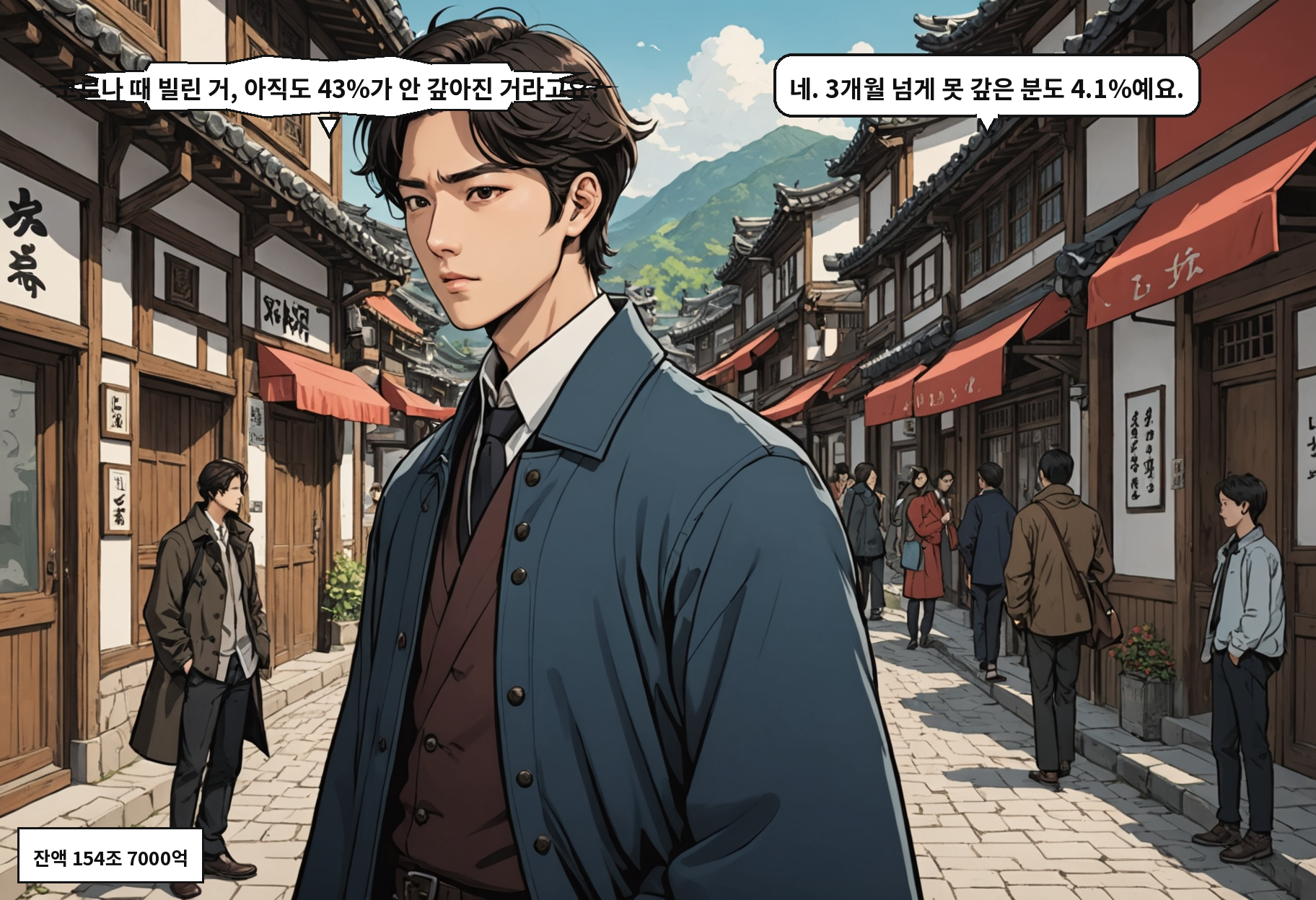 A: 코로나 때 빌린 거, 아직도 43%가 안 갚아진 거라고요? B: 네. 3개월 넘게 못 갚은 분도 4.1%예요.