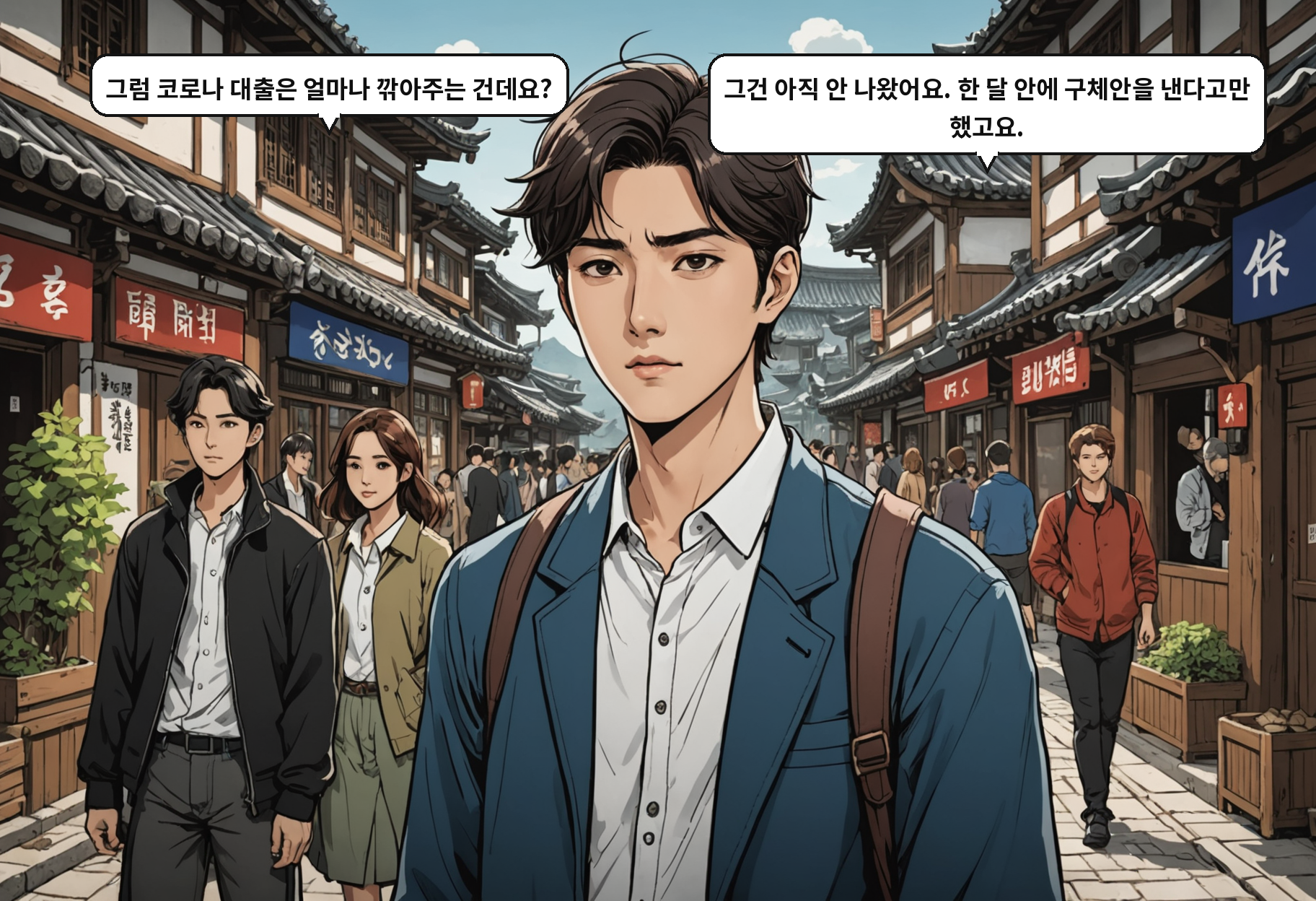 A: 그럼 코로나 대출은 얼마나 깎아주는 건데요? B: 그건 아직 안 나왔어요. 한 달 안에 구체안을 낸다고만 했고요.