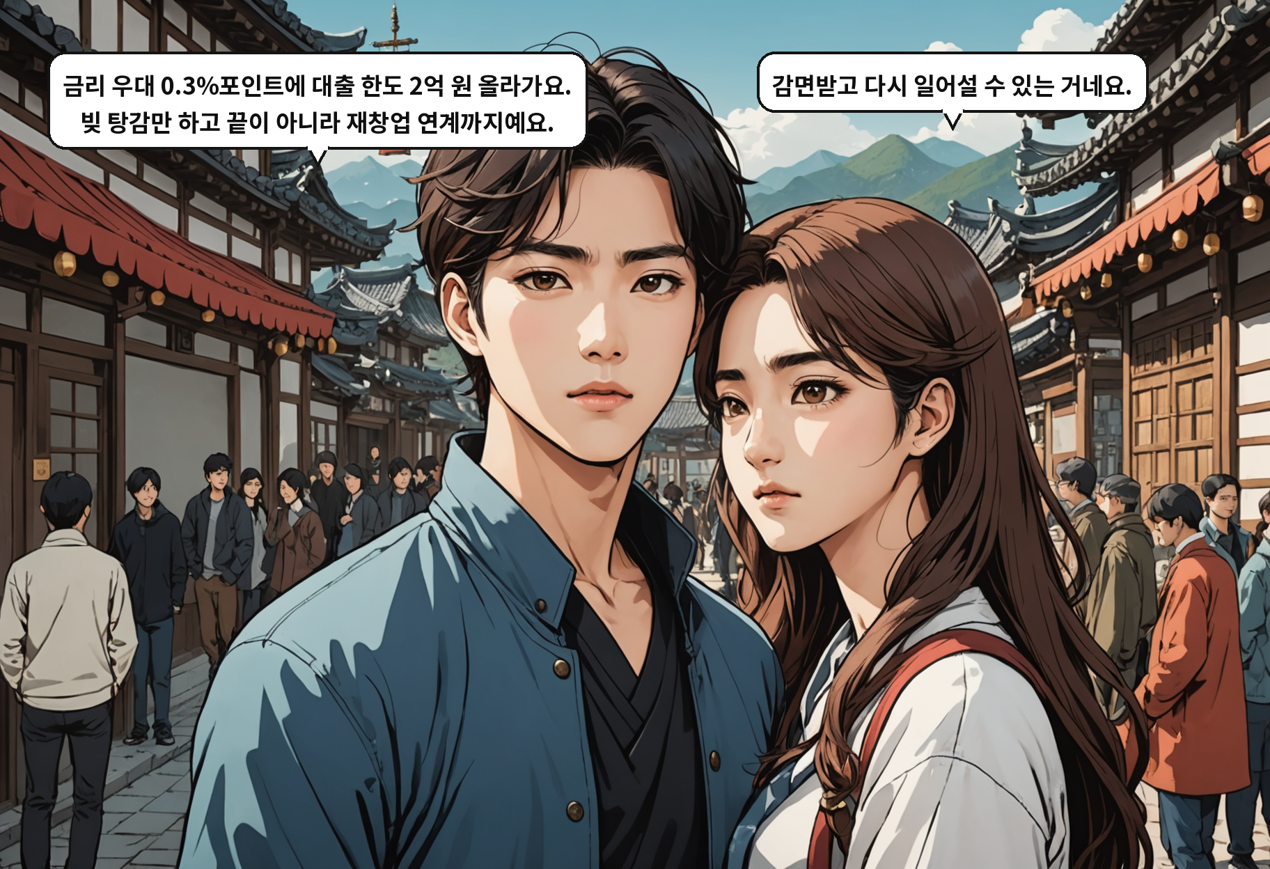 B: 금리 우대 0.3%포인트에 대출 한도 2억 원 올라가요. 빚 탕감만 하고 끝이 아니라 재창업 연계까지예요. A: 감면받고 다시 일어설 수 있는 거네요.