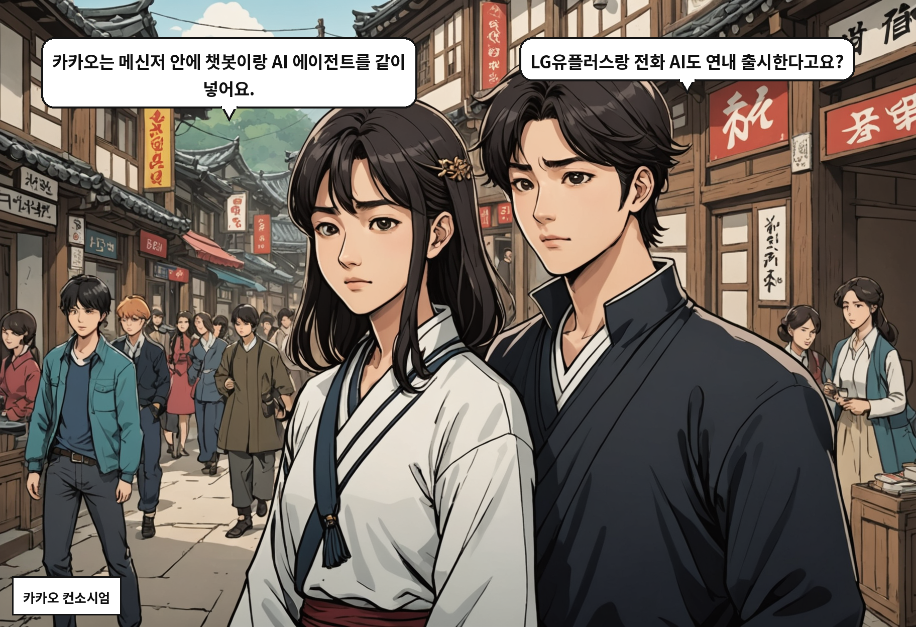 B: 카카오는 메신저 안에 챗봇이랑 AI 에이전트를 같이 넣어요. A: LG유플러스랑 전화 AI도 연내 출시한다고요?