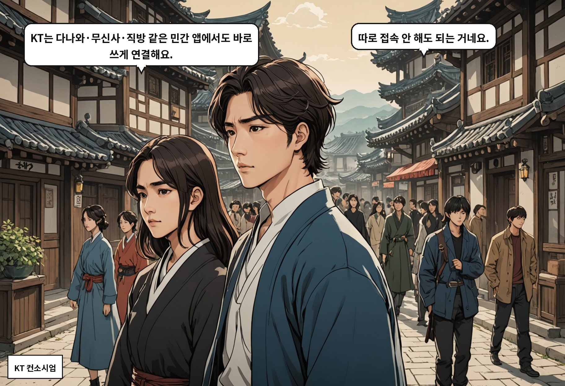 B: KT는 다나와·무신사·직방 같은 민간 앱에서도 바로 쓰게 연결해요. A: 따로 접속 안 해도 되는 거네요.