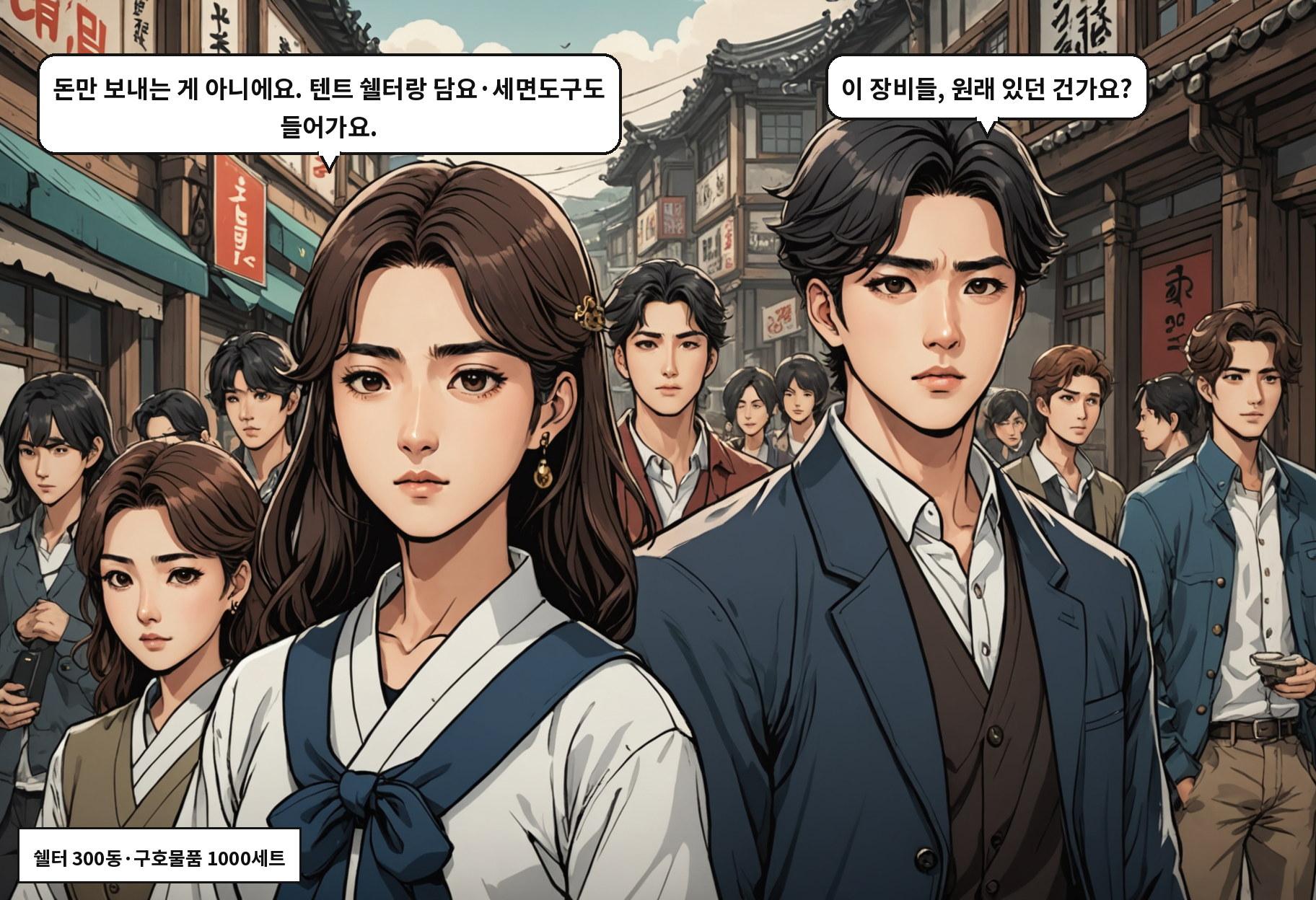 A: 돈만 보내는 게 아니에요. 텐트 쉘터랑 담요·세면도구도 들어가요. B: 이 장비들, 원래 있던 건가요?