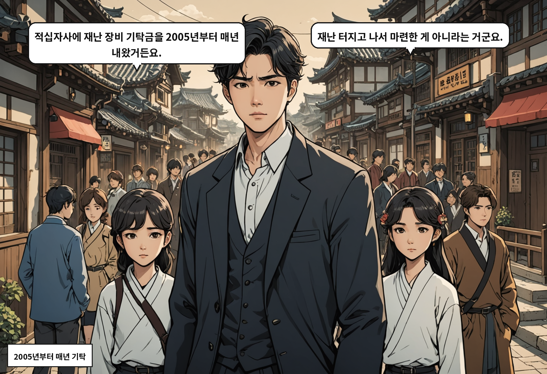 A: 적십자사에 재난 장비 기탁금을 2005년부터 매년 내왔거든요. B: 재난 터지고 나서 마련한 게 아니라는 거군요.