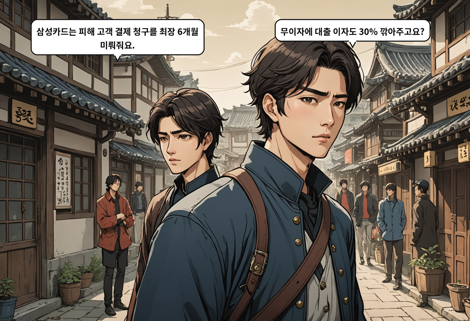 A: 삼성카드는 피해 고객 결제 청구를 최장 6개월 미뤄줘요. B: 무이자에 대출 이자도 30% 깎아주고요?