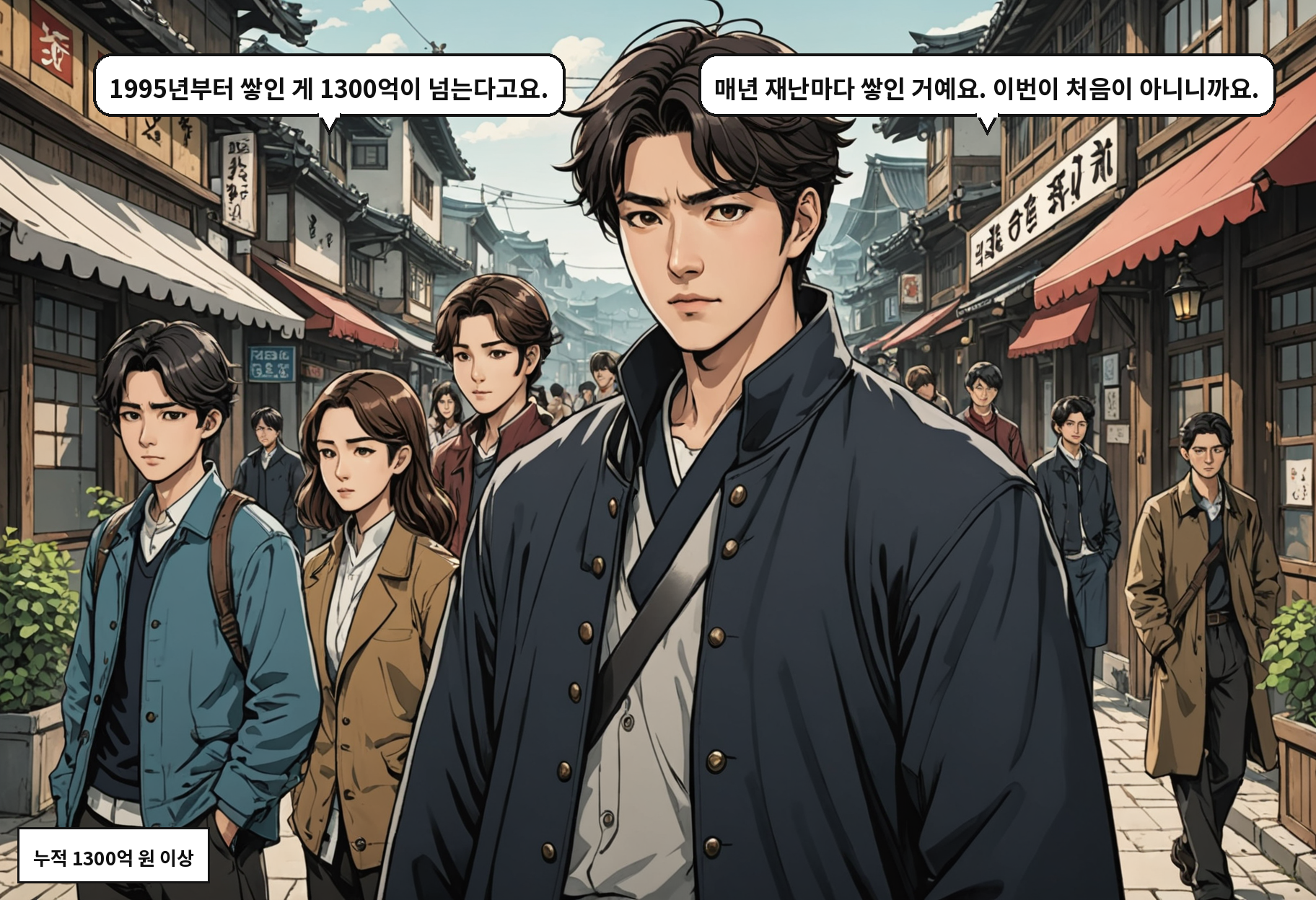 B: 1995년부터 쌓인 게 1300억이 넘는다고요. A: 매년 재난마다 쌓인 거예요. 이번이 처음이 아니니까요.