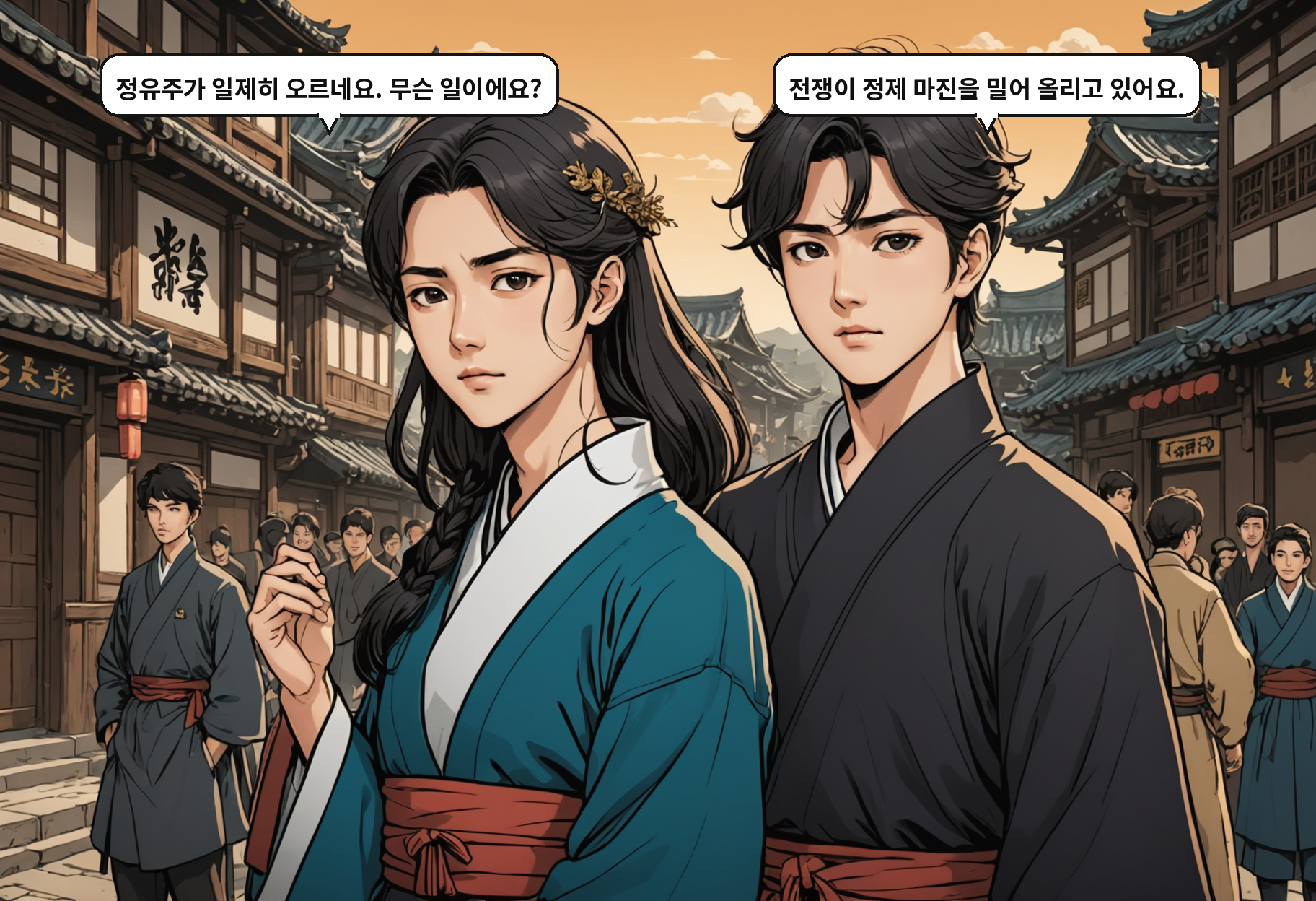 B: 정유주가 일제히 오르네요. 무슨 일이에요? A: 전쟁이 정제 마진을 밀어 올리고 있어요.