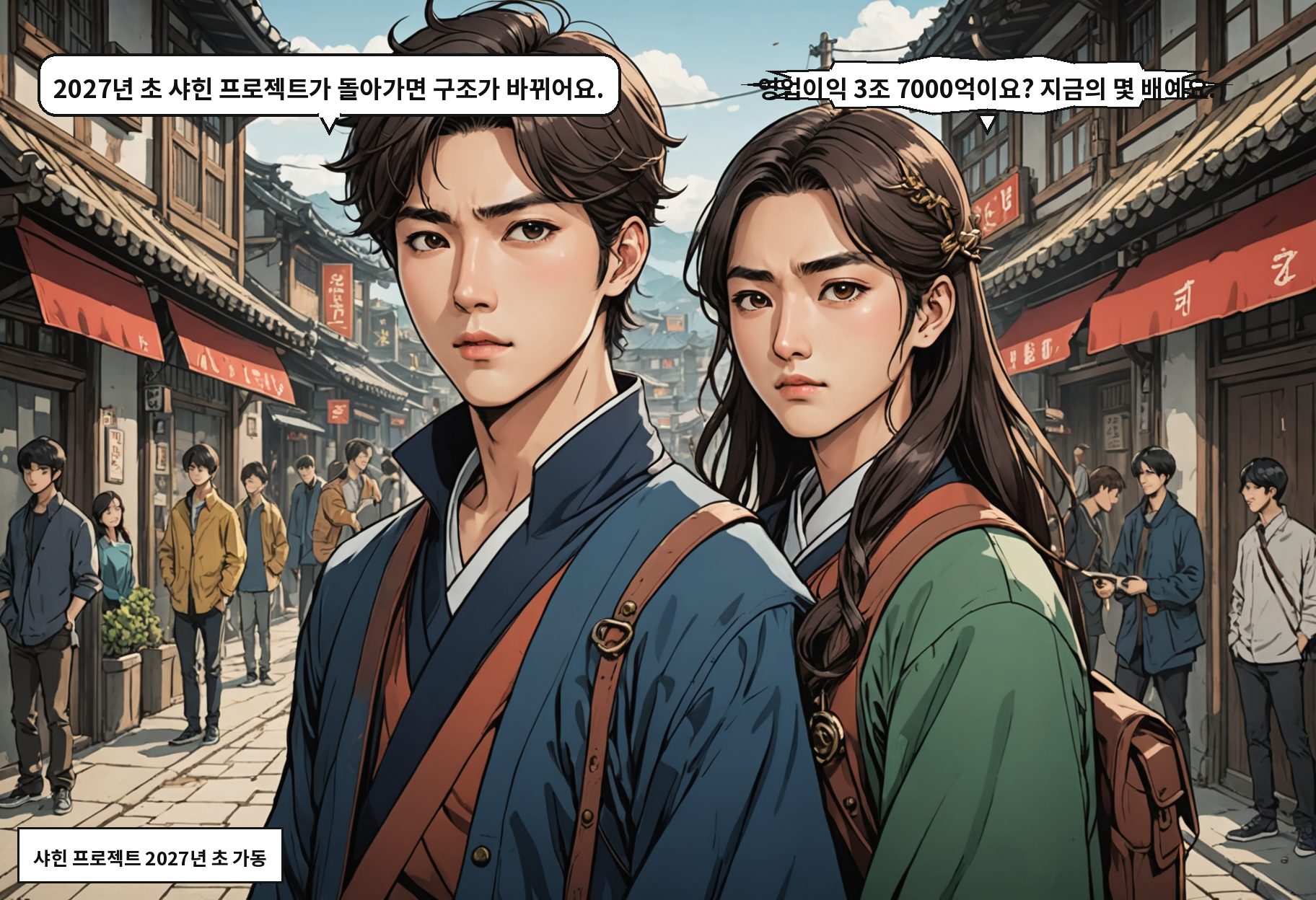 A: 2027년 초 샤힌 프로젝트가 돌아가면 구조가 바뀌어요. B: 영업이익 3조 7000억이요? 지금의 몇 배예요.