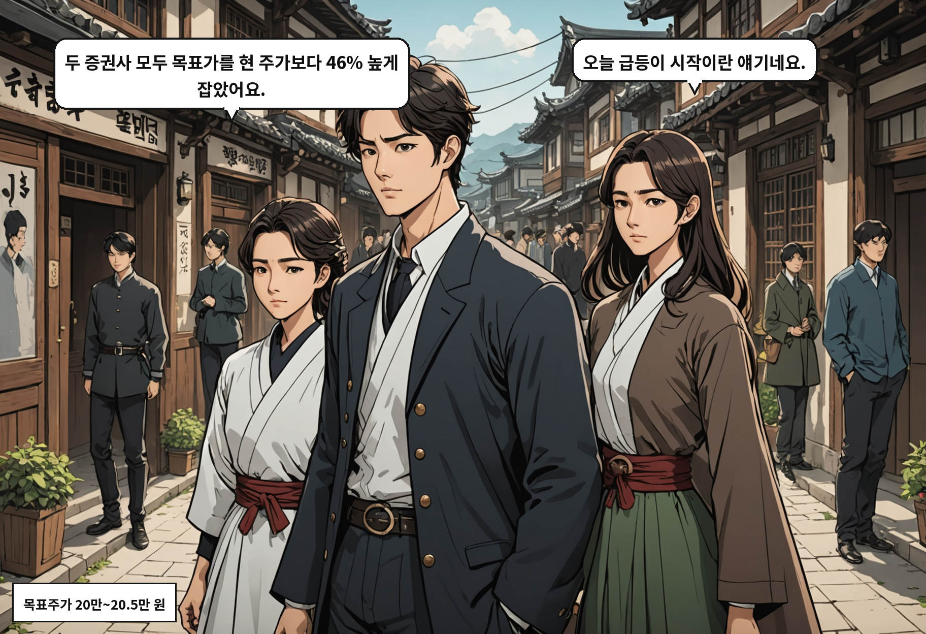 A: 두 증권사 모두 목표가를 현 주가보다 46% 높게 잡았어요. B: 오늘 급등이 시작이란 얘기네요.