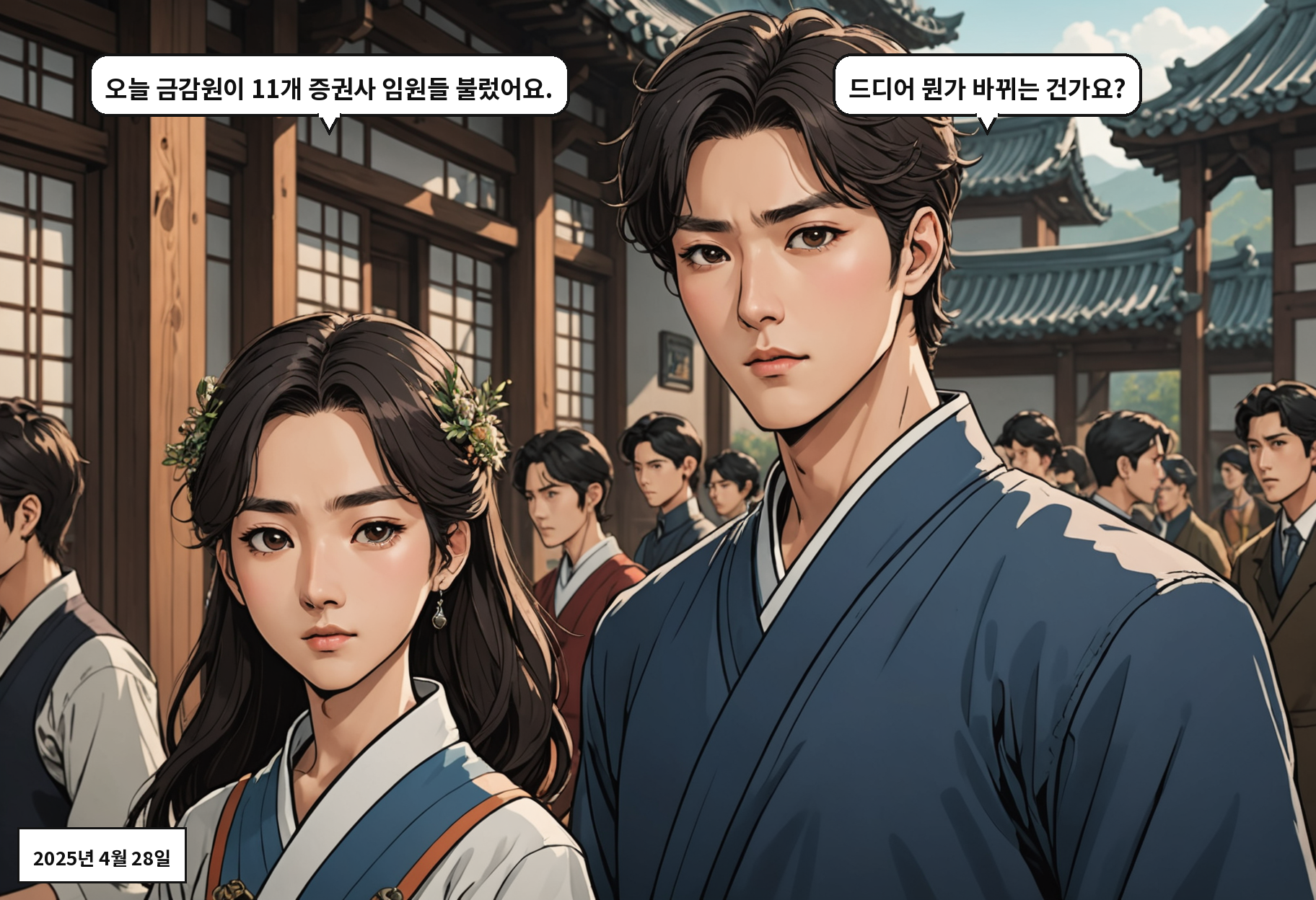 B: 오늘 금감원이 11개 증권사 임원들 불렀어요. A: 드디어 뭔가 바뀌는 건가요?