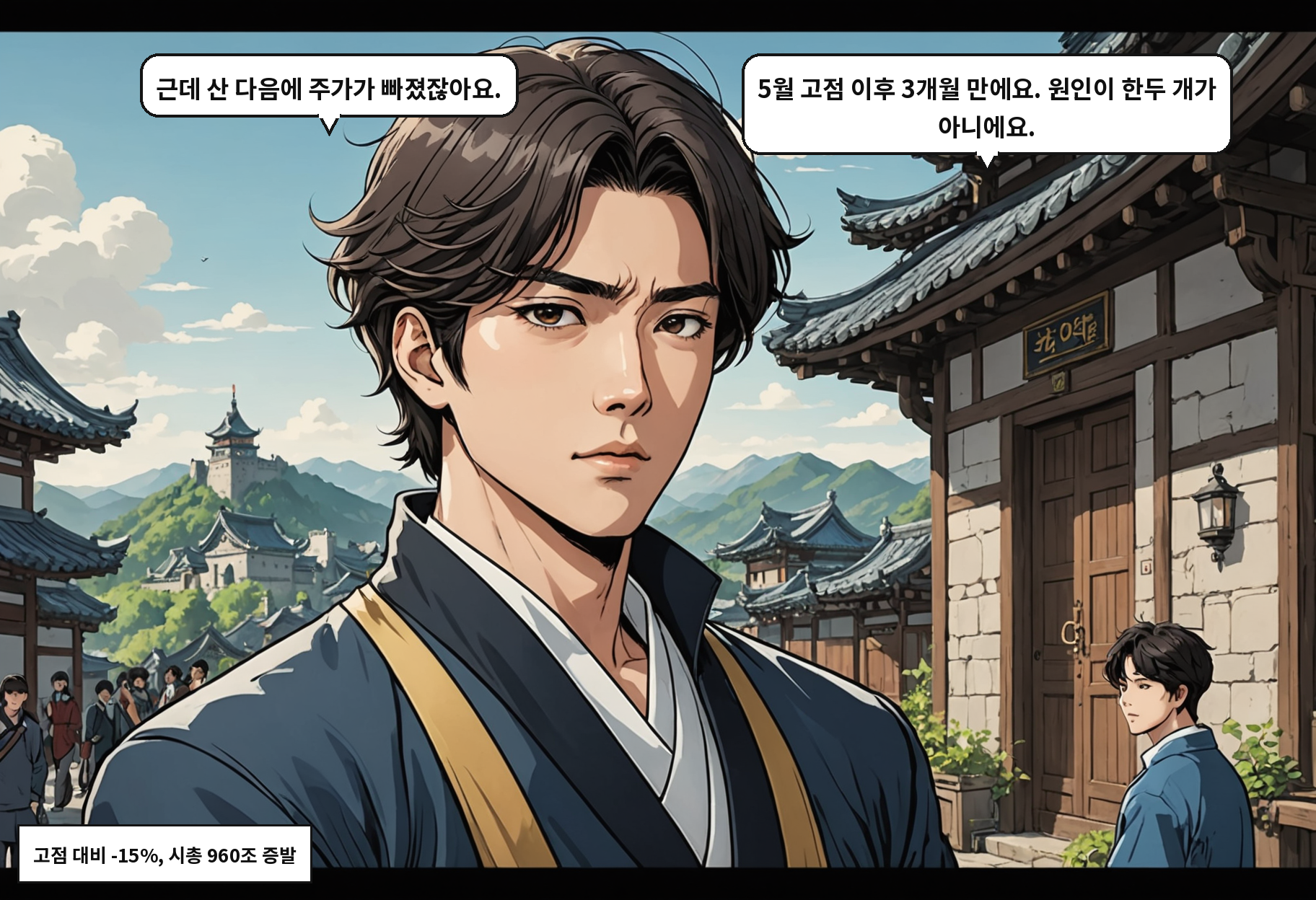 B: 근데 산 다음에 주가가 빠졌잖아요. A: 5월 고점 이후 3개월 만에요. 원인이 한두 개가 아니에요.