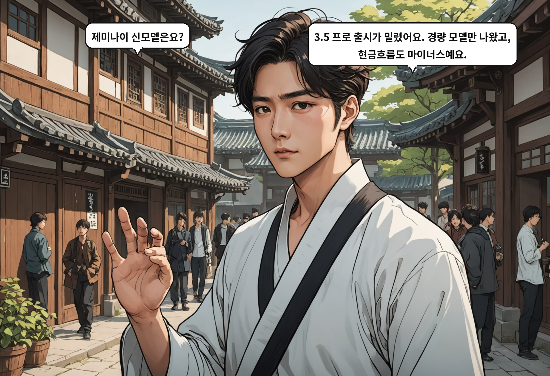 B: 제미나이 신모델은요? A: 3.5 프로 출시가 밀렸어요. 경량 모델만 나왔고, 현금흐름도 마이너스예요.