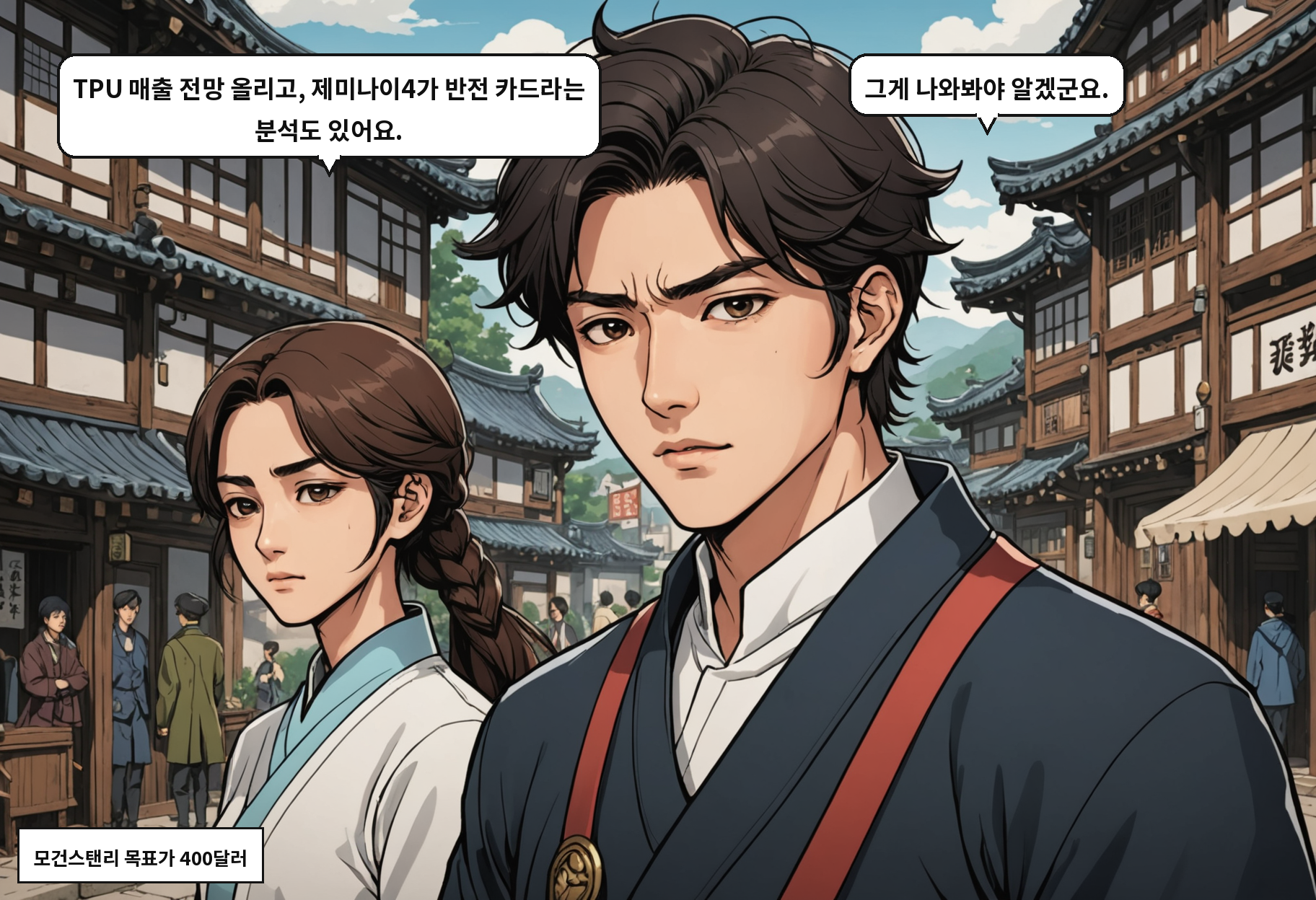 A: TPU 매출 전망 올리고, 제미나이4가 반전 카드라는 분석도 있어요. B: 그게 나와봐야 알겠군요.