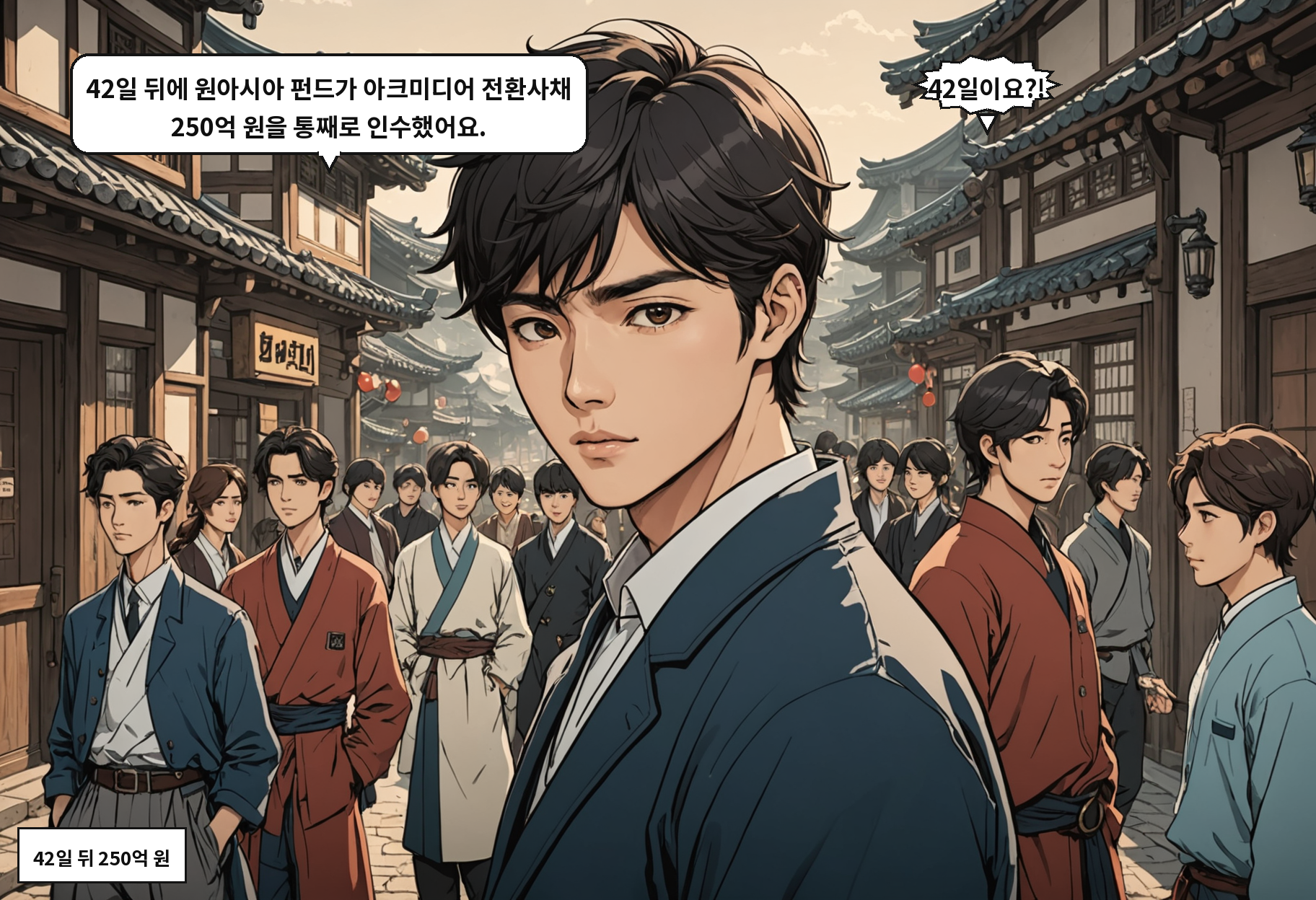 A: 42일 뒤에 원아시아 펀드가 아크미디어 전환사채 250억 원을 통째로 인수했어요. B: 42일이요?!