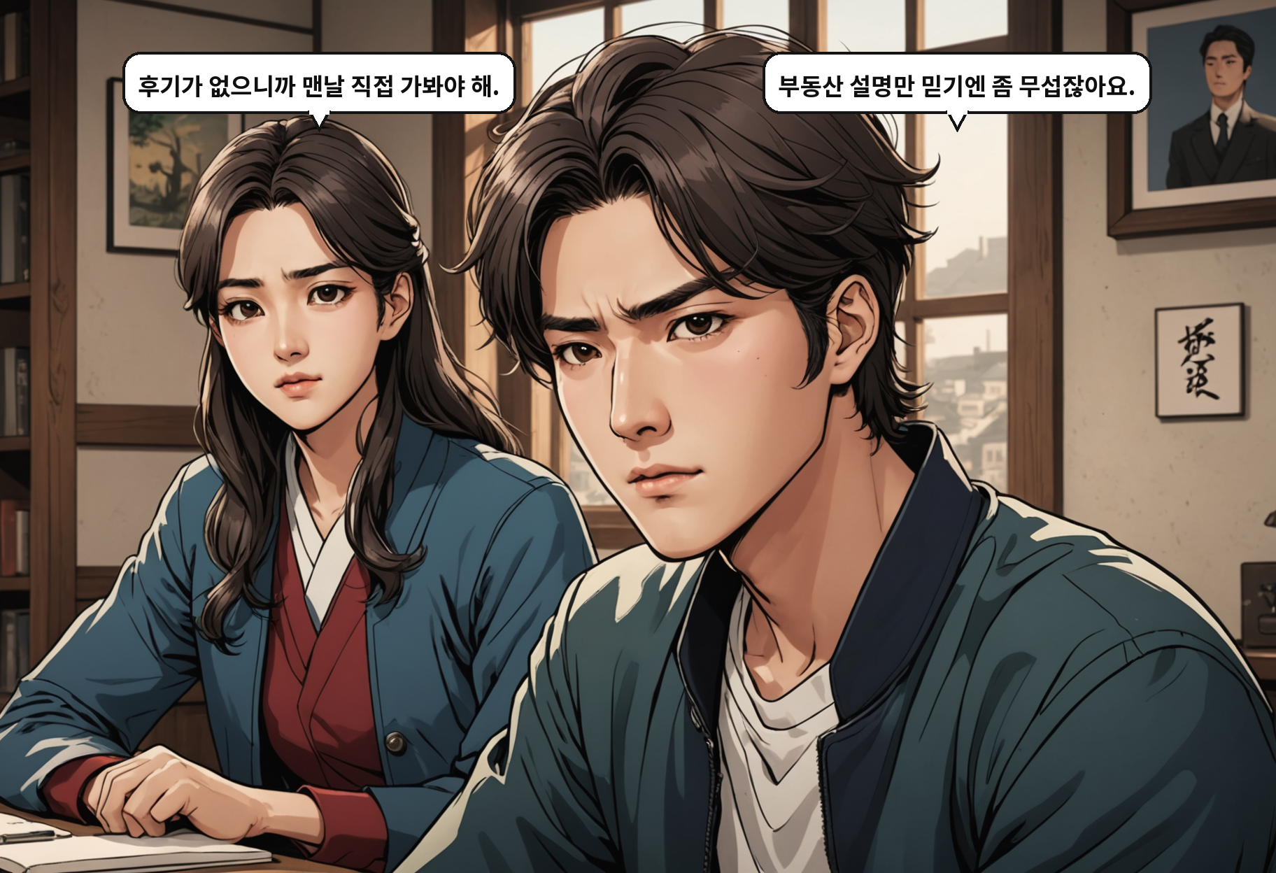 A: 후기가 없으니까 맨날 직접 가봐야 해. B: 부동산 설명만 믿기엔 좀 무섭잖아요.