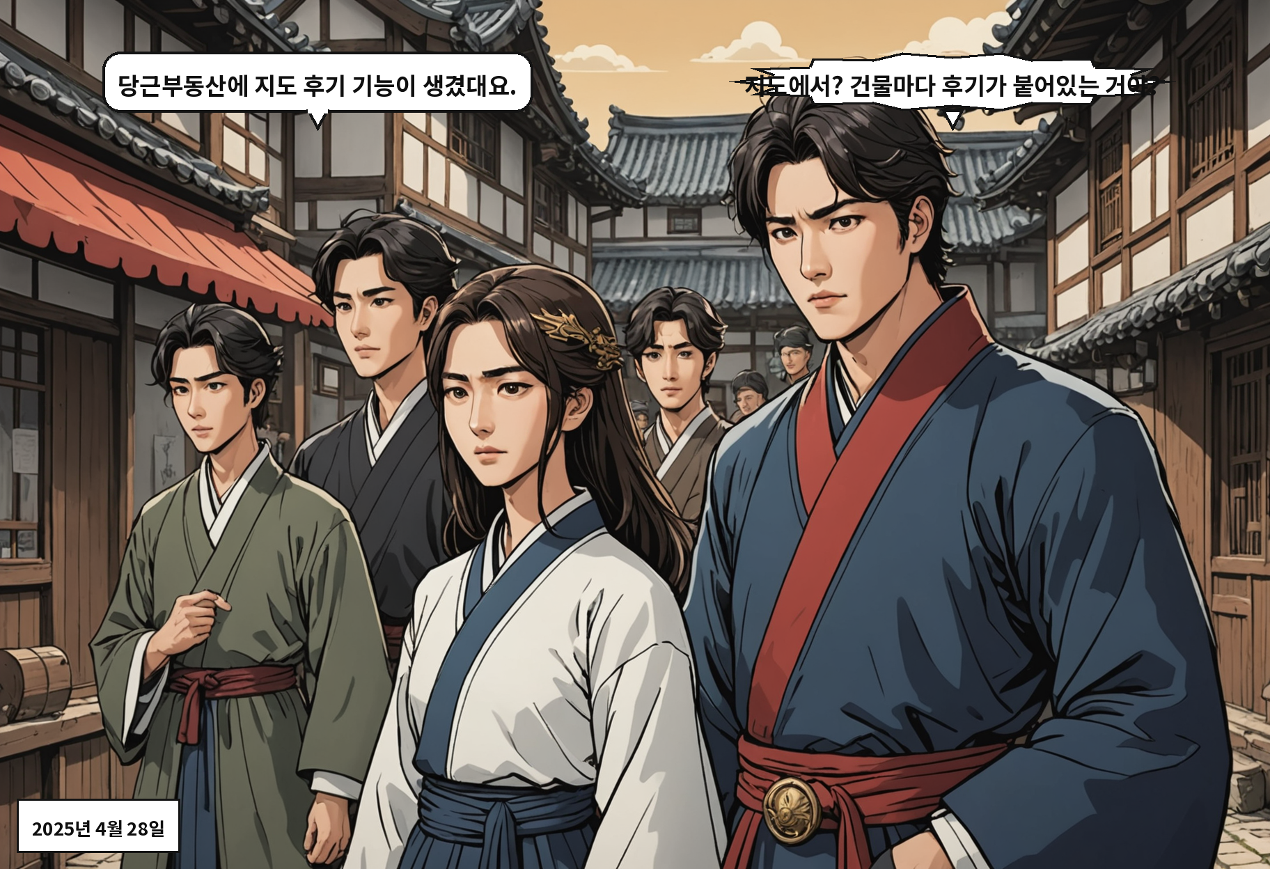 B: 당근부동산에 지도 후기 기능이 생겼대요. A: 지도에서? 건물마다 후기가 붙어있는 거야?