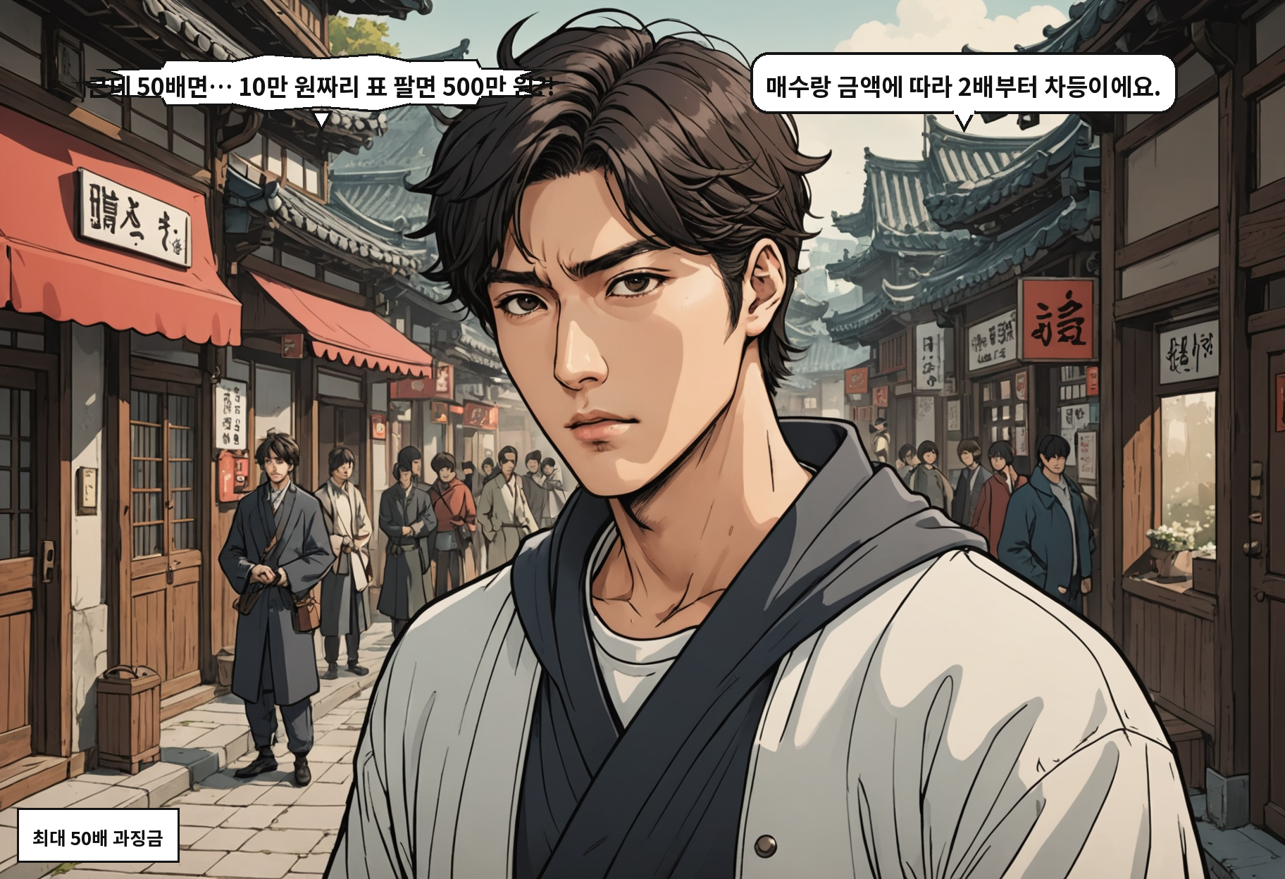 A: 근데 50배면… 10만 원짜리 표 팔면 500만 원?! B: 매수랑 금액에 따라 2배부터 차등이에요.