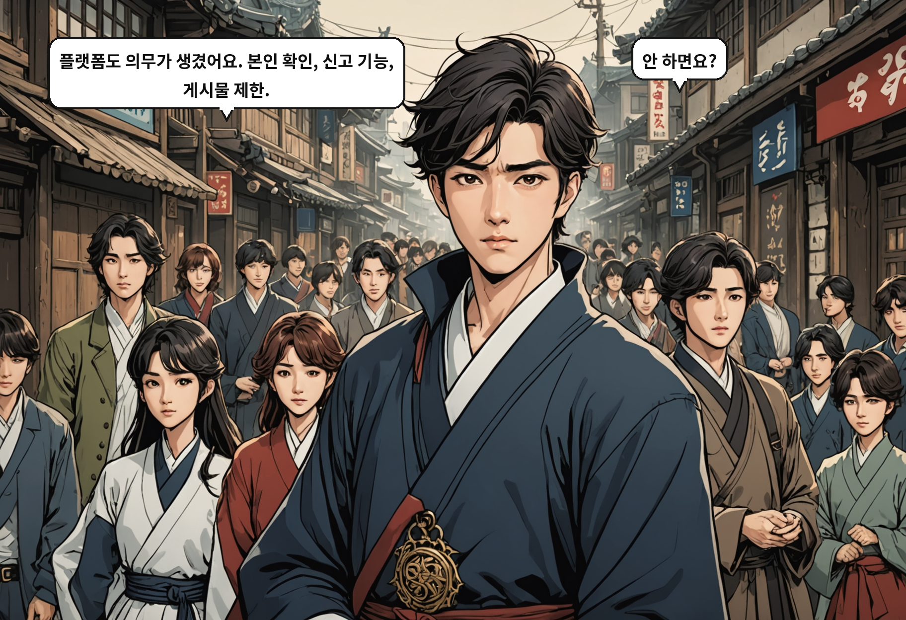 B: 플랫폼도 의무가 생겼어요. 본인 확인, 신고 기능, 게시물 제한. A: 안 하면요?