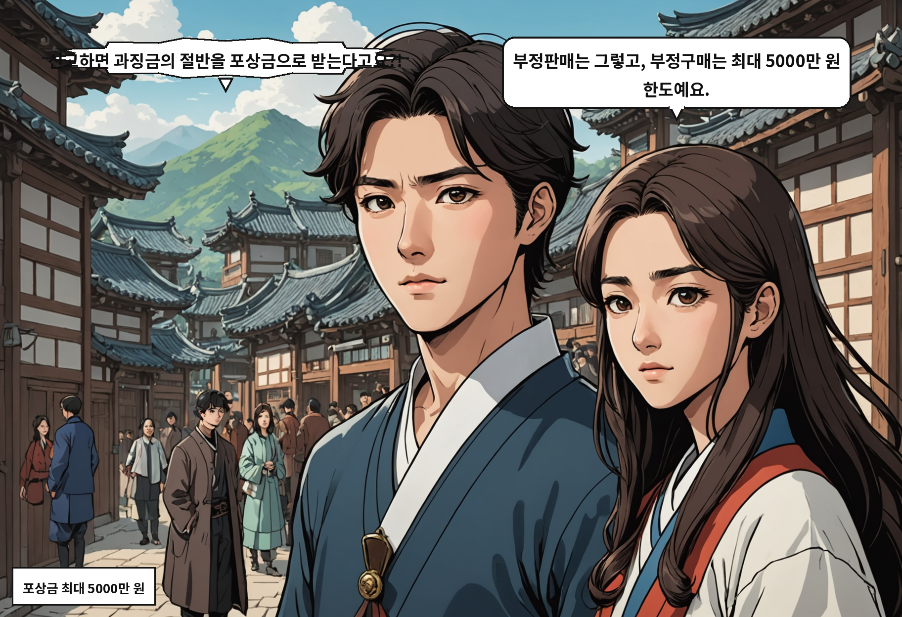 A: 신고하면 과징금의 절반을 포상금으로 받는다고요?! B: 부정판매는 그렇고, 부정구매는 최대 5000만 원 한도예요.