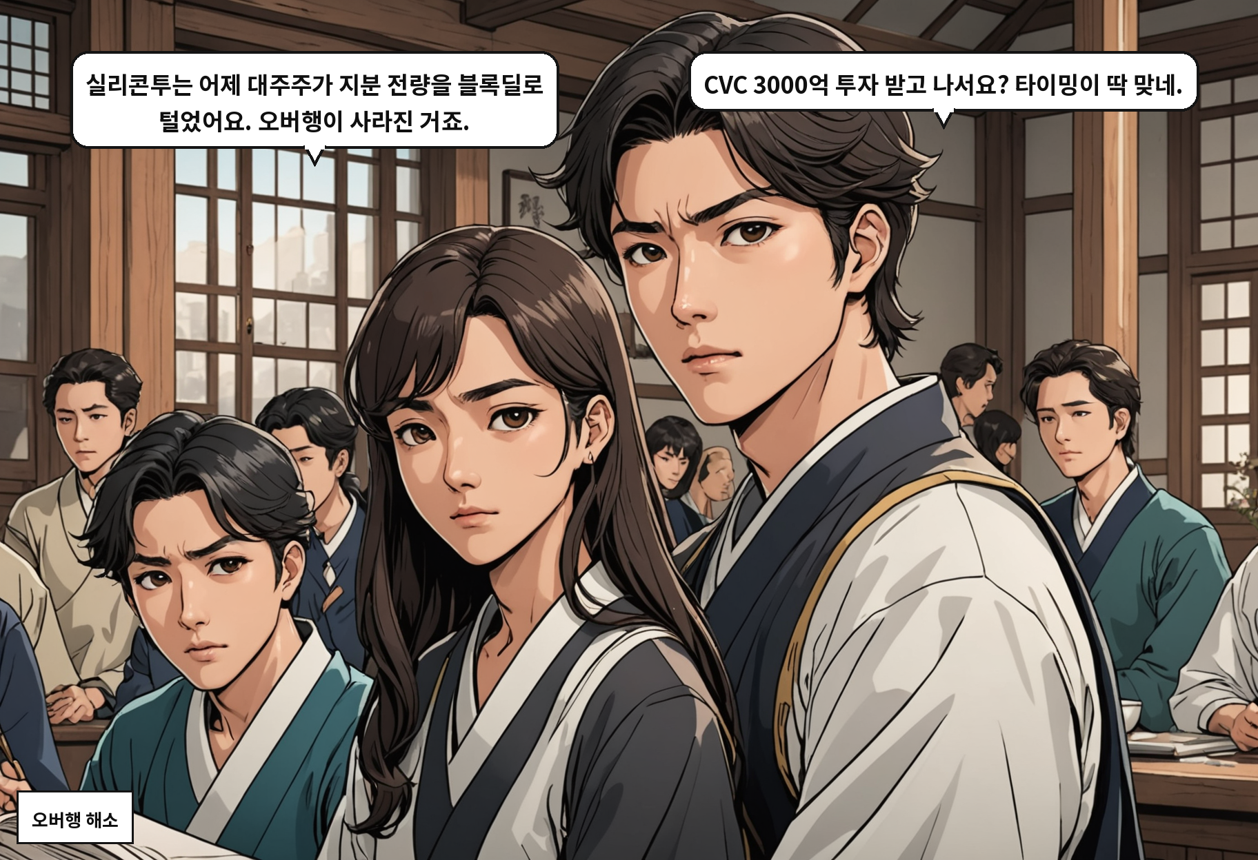 A: 실리콘투는 어제 대주주가 지분 전량을 블록딜로 털었어요. 오버행이 사라진 거죠. B: CVC 3000억 투자 받고 나서요? 타이밍이 딱 맞네.