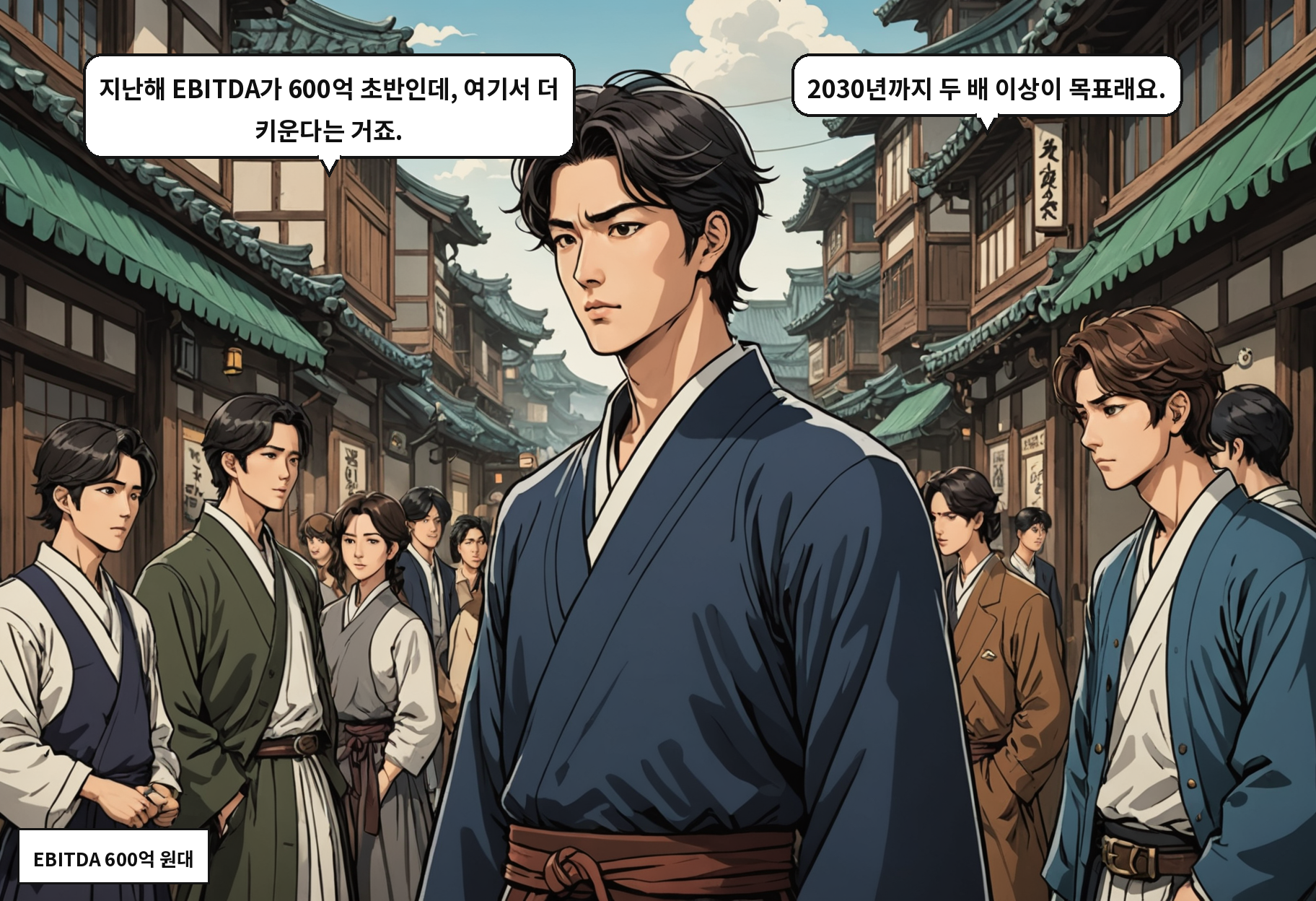 B: 지난해 EBITDA가 600억 초반인데, 여기서 더 키운다는 거죠. A: 2030년까지 두 배 이상이 목표래요.