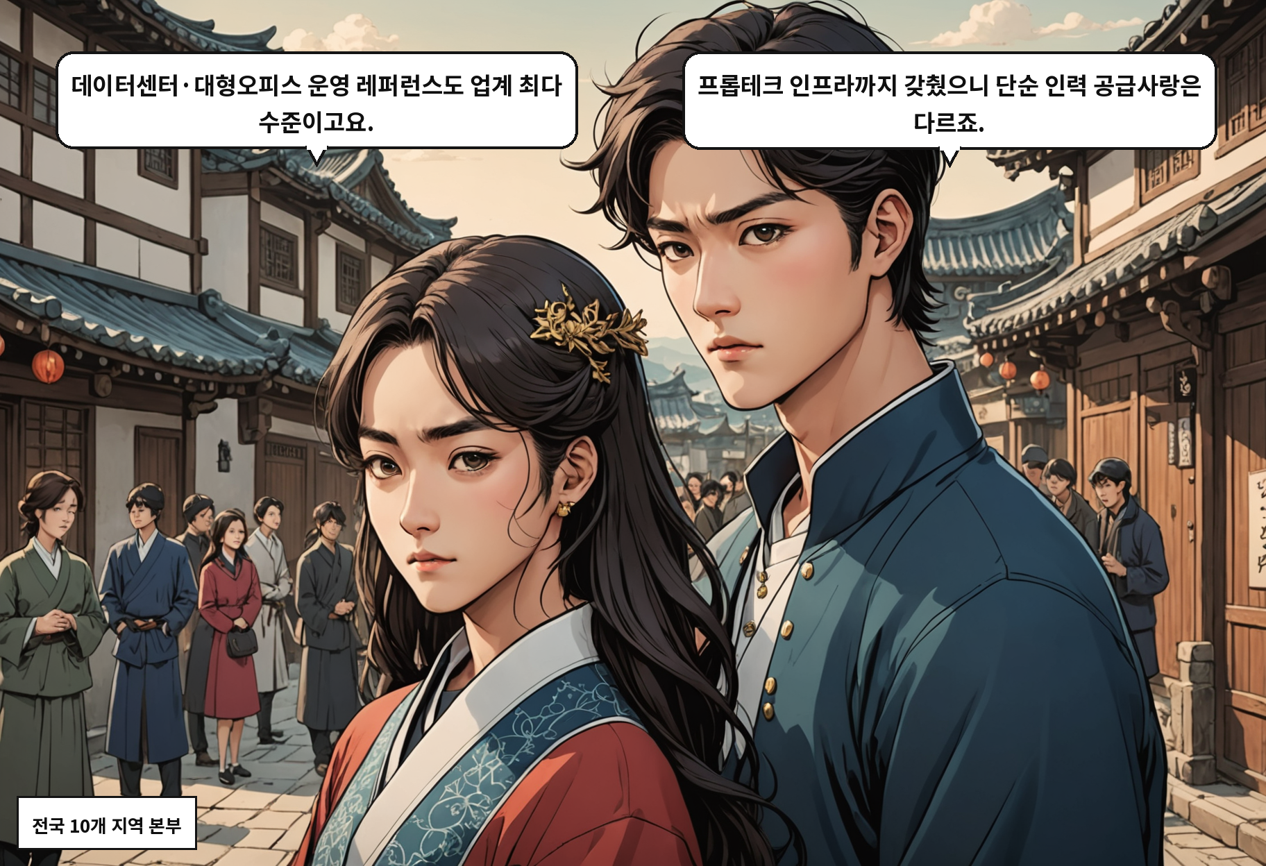 A: 데이터센터·대형오피스 운영 레퍼런스도 업계 최다 수준이고요. B: 프롭테크 인프라까지 갖췄으니 단순 인력 공급사랑은 다르죠.