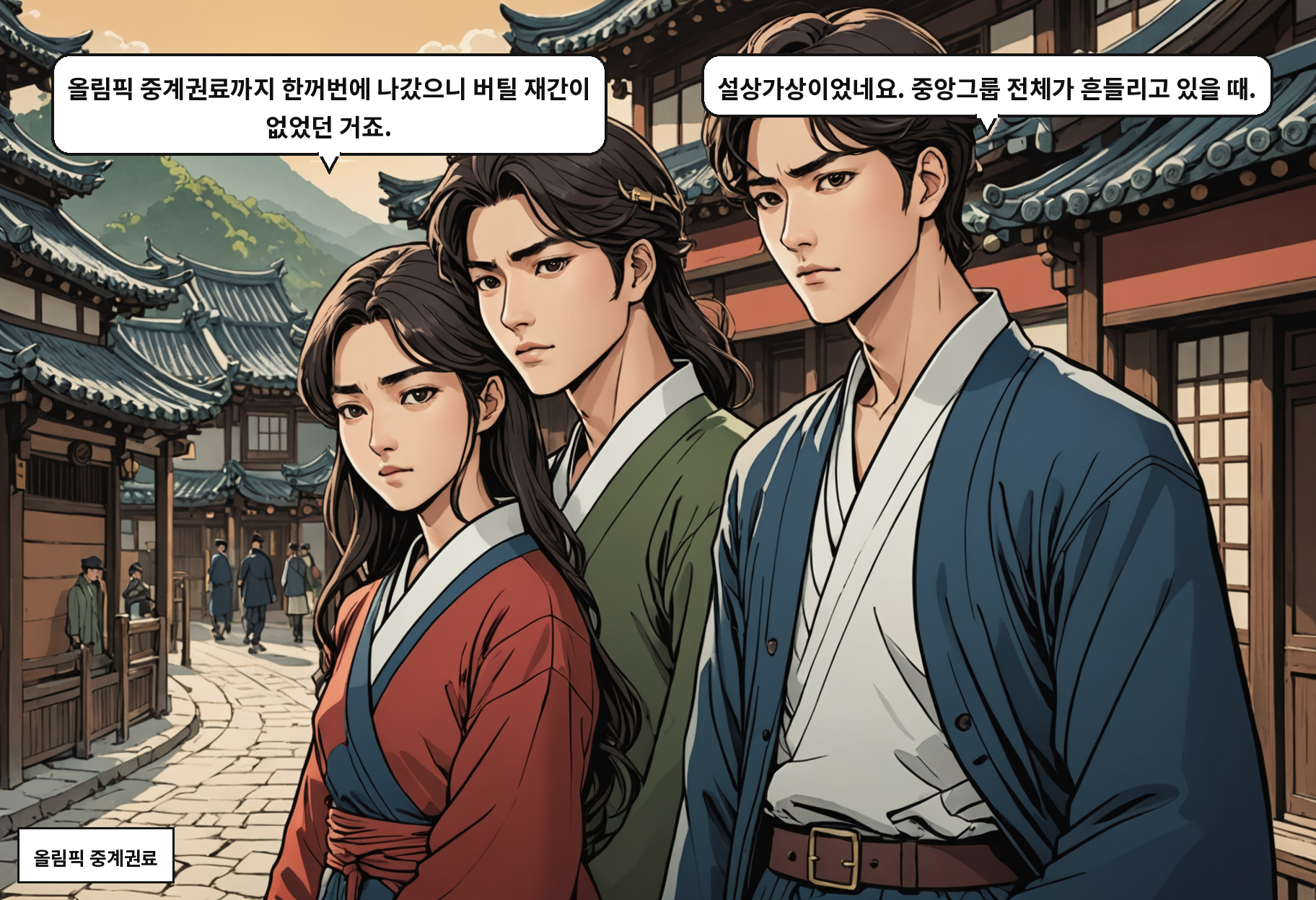 B: 올림픽 중계권료까지 한꺼번에 나갔으니 버틸 재간이 없었던 거죠. A: 설상가상이었네요. 중앙그룹 전체가 흔들리고 있을 때.