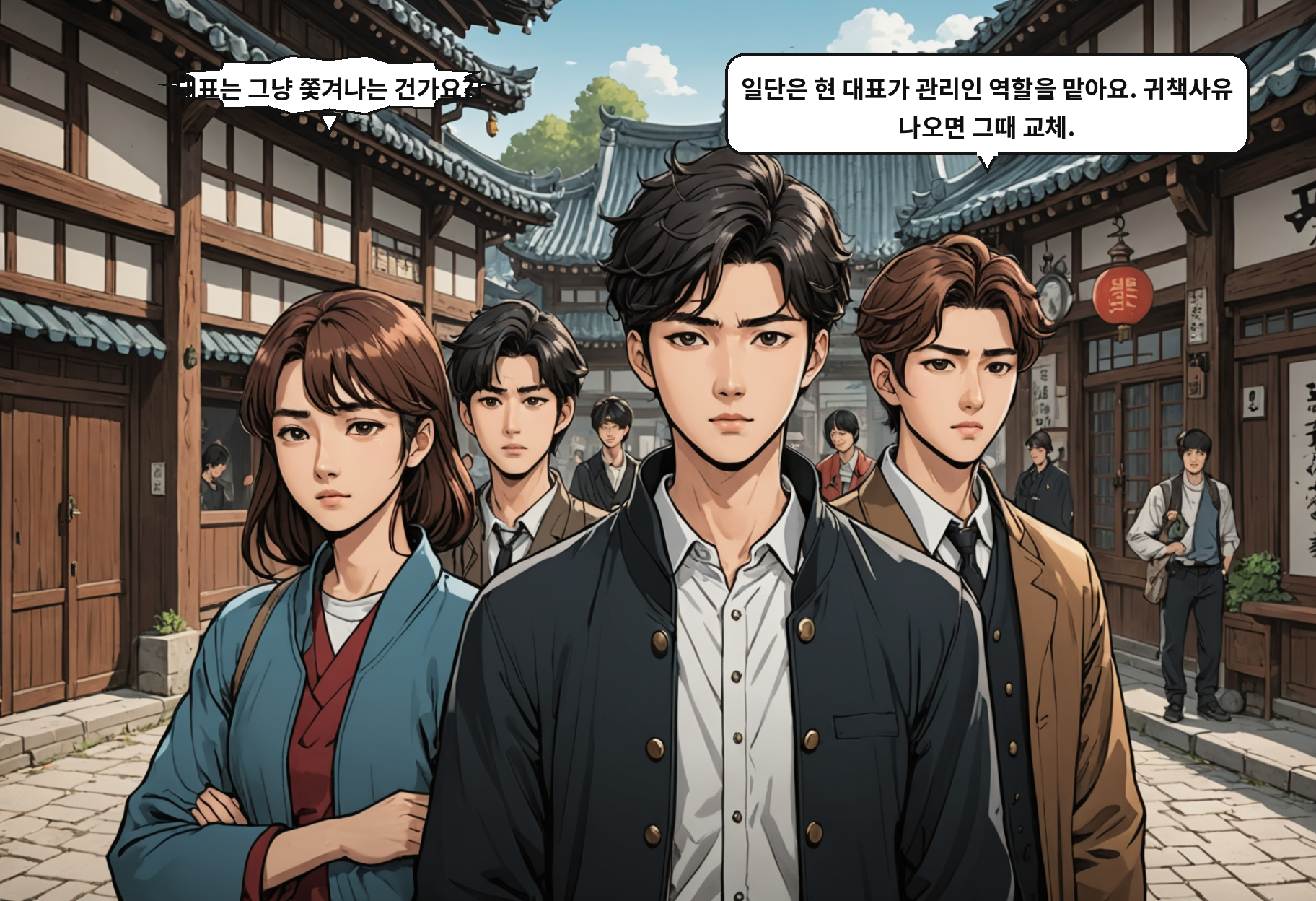 A: 대표는 그냥 쫓겨나는 건가요?! B: 일단은 현 대표가 관리인 역할을 맡아요. 귀책사유 나오면 그때 교체.