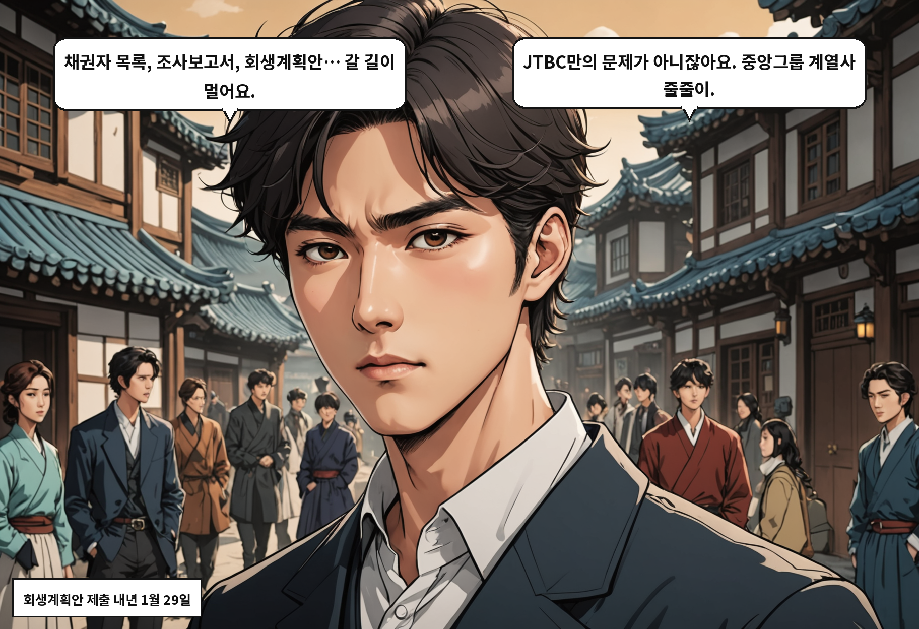 B: 채권자 목록, 조사보고서, 회생계획안… 갈 길이 멀어요. A: JTBC만의 문제가 아니잖아요. 중앙그룹 계열사 줄줄이.