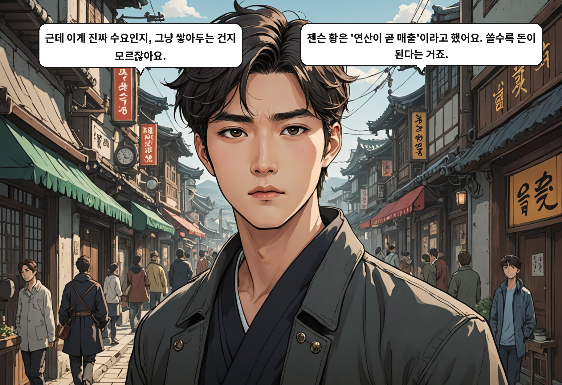 B: 근데 이게 진짜 수요인지, 그냥 쌓아두는 건지 모르잖아요. A: 젠슨 황은 '연산이 곧 매출'이라고 했어요. 쓸수록 돈이 된다는 거죠.