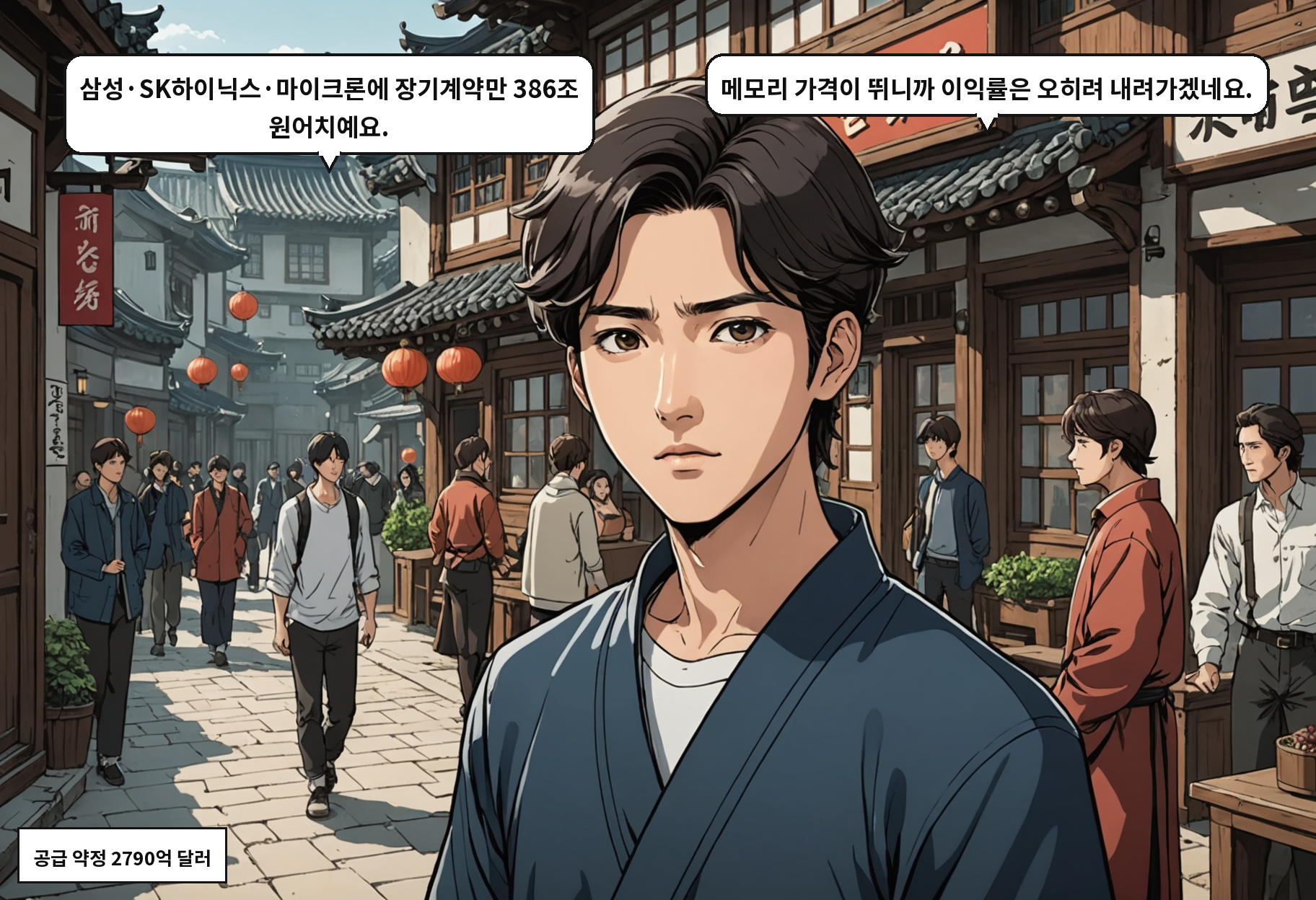 A: 삼성·SK하이닉스·마이크론에 장기계약만 386조 원어치예요. B: 메모리 가격이 뛰니까 이익률은 오히려 내려가겠네요.