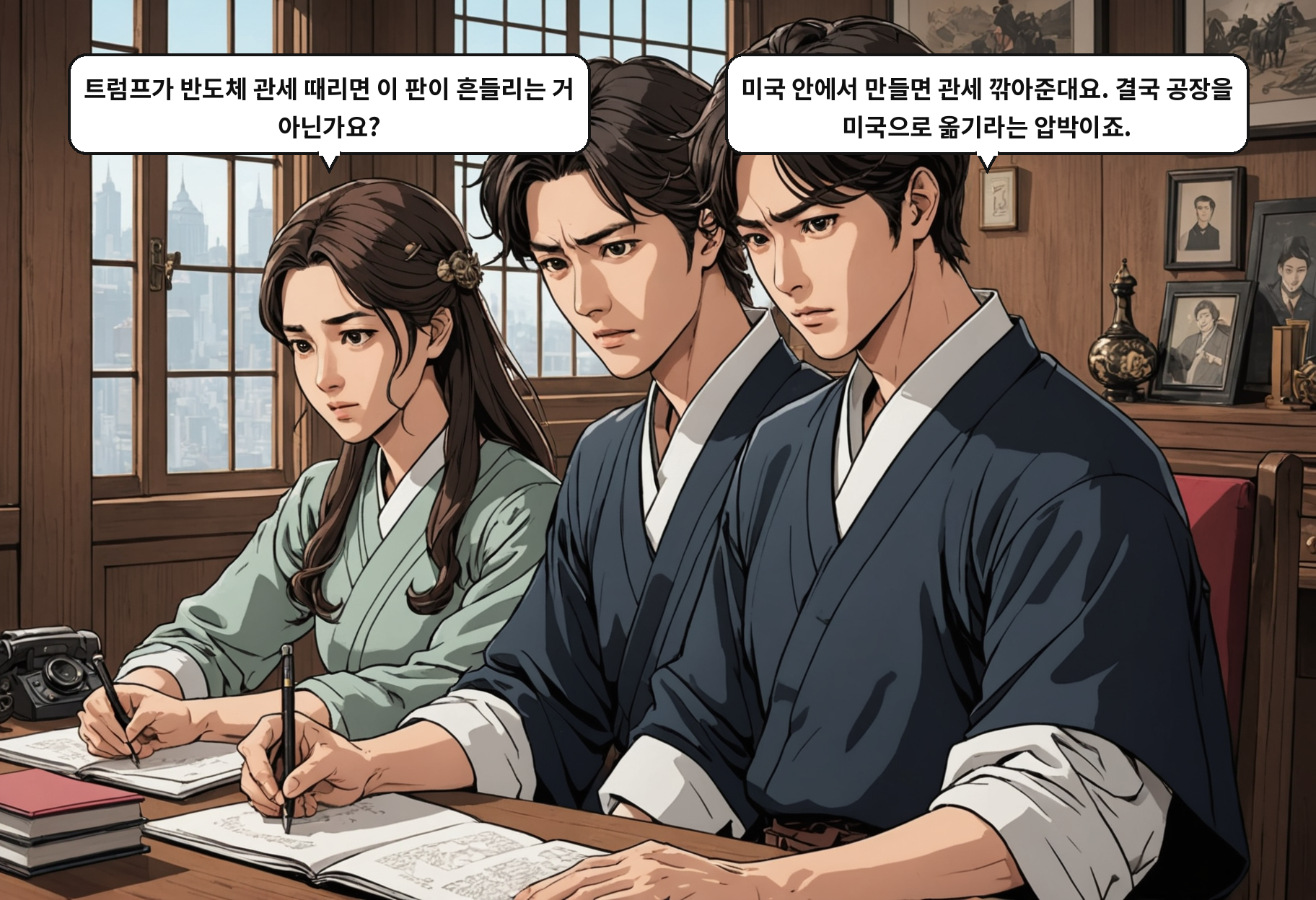 B: 트럼프가 반도체 관세 때리면 이 판이 흔들리는 거 아닌가요? A: 미국 안에서 만들면 관세 깎아준대요. 결국 공장을 미국으로 옮기라는 압박이죠.