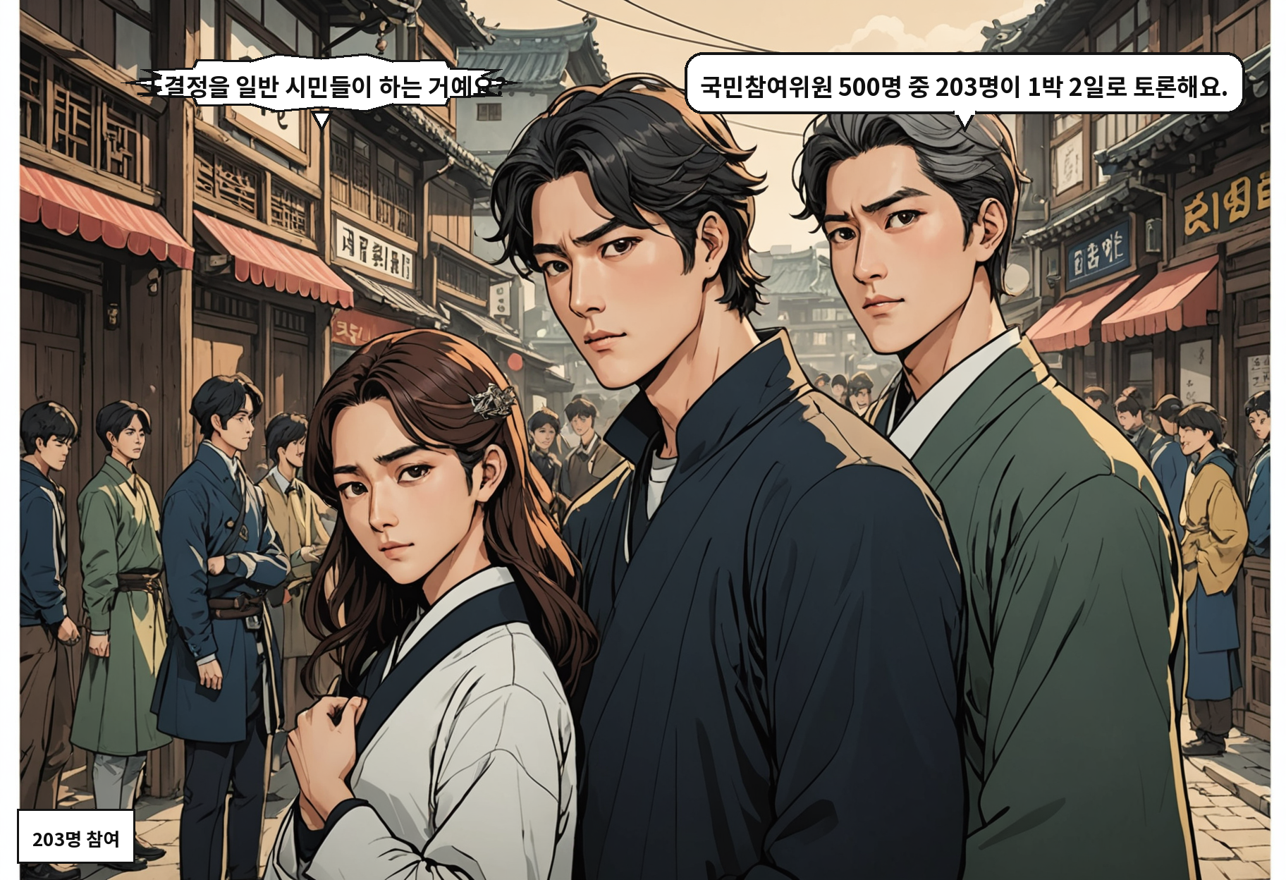 A: 그 결정을 일반 시민들이 하는 거예요? B: 국민참여위원 500명 중 203명이 1박 2일로 토론해요.