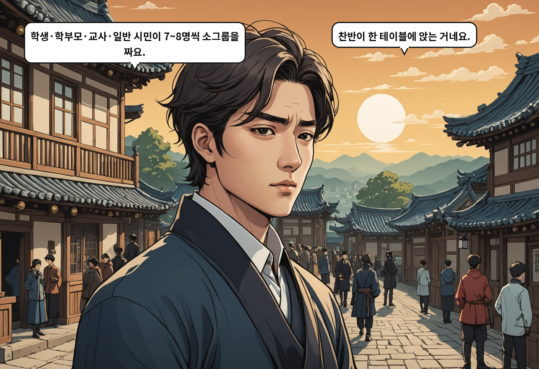 B: 학생·학부모·교사·일반 시민이 7~8명씩 소그룹을 짜요. A: 찬반이 한 테이블에 앉는 거네요.