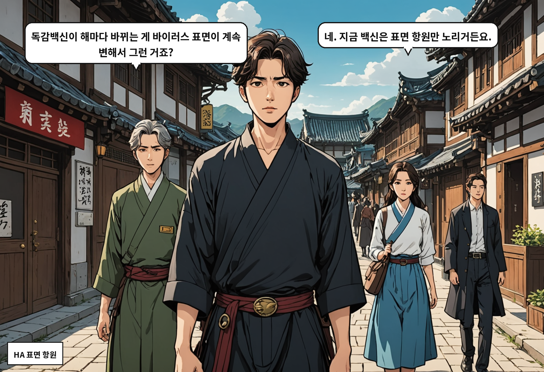 B: 독감백신이 해마다 바뀌는 게 바이러스 표면이 계속 변해서 그런 거죠? A: 네. 지금 백신은 표면 항원만 노리거든요.