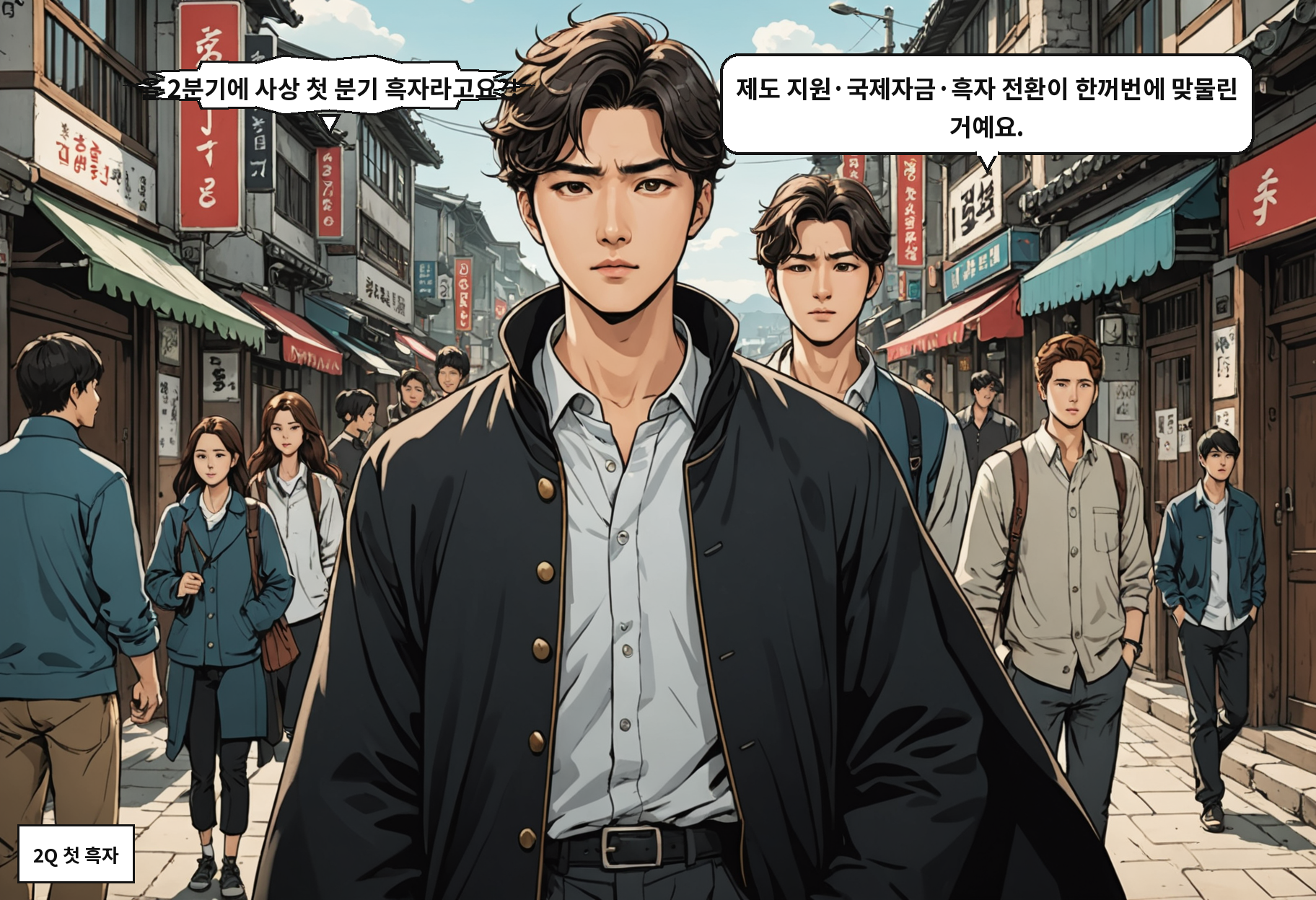 B: 올 2분기에 사상 첫 분기 흑자라고요?! A: 제도 지원·국제자금·흑자 전환이 한꺼번에 맞물린 거예요.