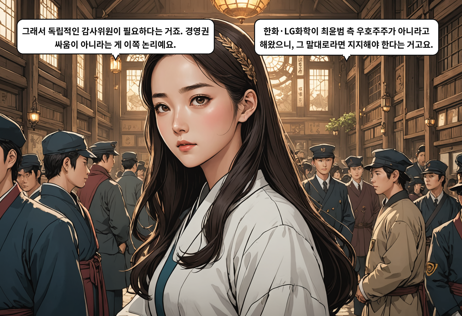 A: 그래서 독립적인 감사위원이 필요하다는 거죠. 경영권 싸움이 아니라는 게 이쪽 논리예요. B: 한화·LG화학이 최윤범 측 우호주주가 아니라고 해왔으니, 그 말대로라면 지지해야 한다는 거고요.