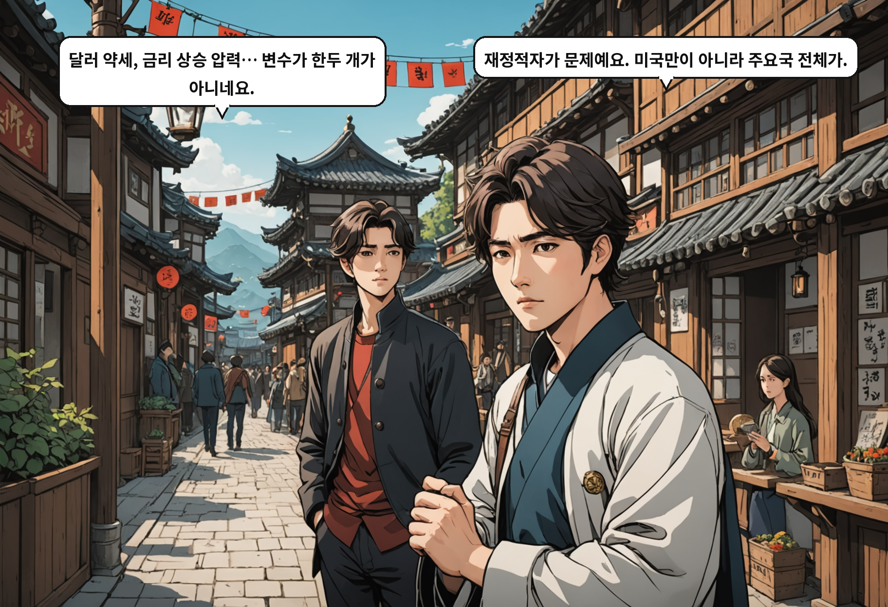 A: 달러 약세, 금리 상승 압력… 변수가 한두 개가 아니네요. B: 재정적자가 문제예요. 미국만이 아니라 주요국 전체가.