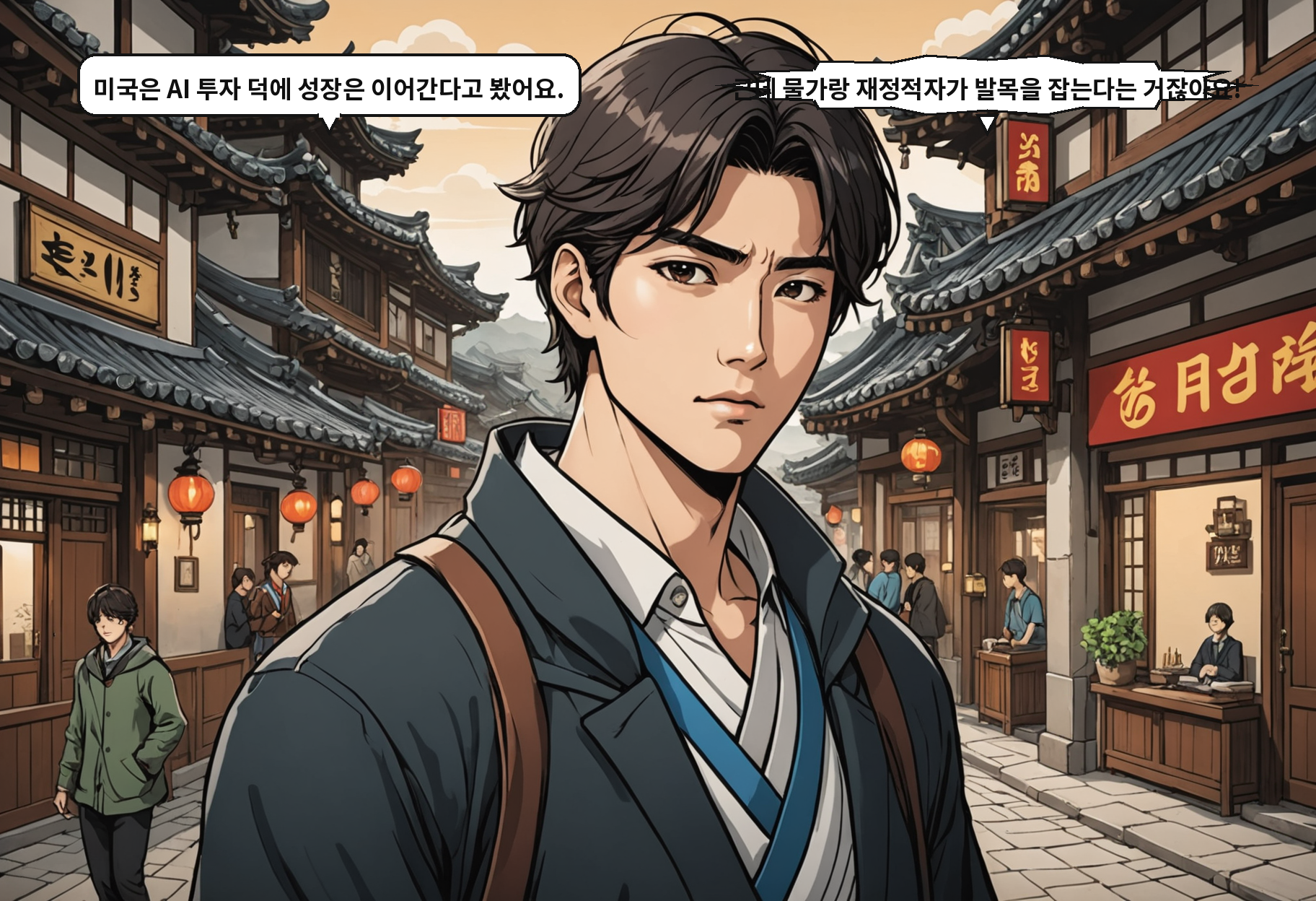 B: 미국은 AI 투자 덕에 성장은 이어간다고 봤어요. A: 근데 물가랑 재정적자가 발목을 잡는다는 거잖아요!