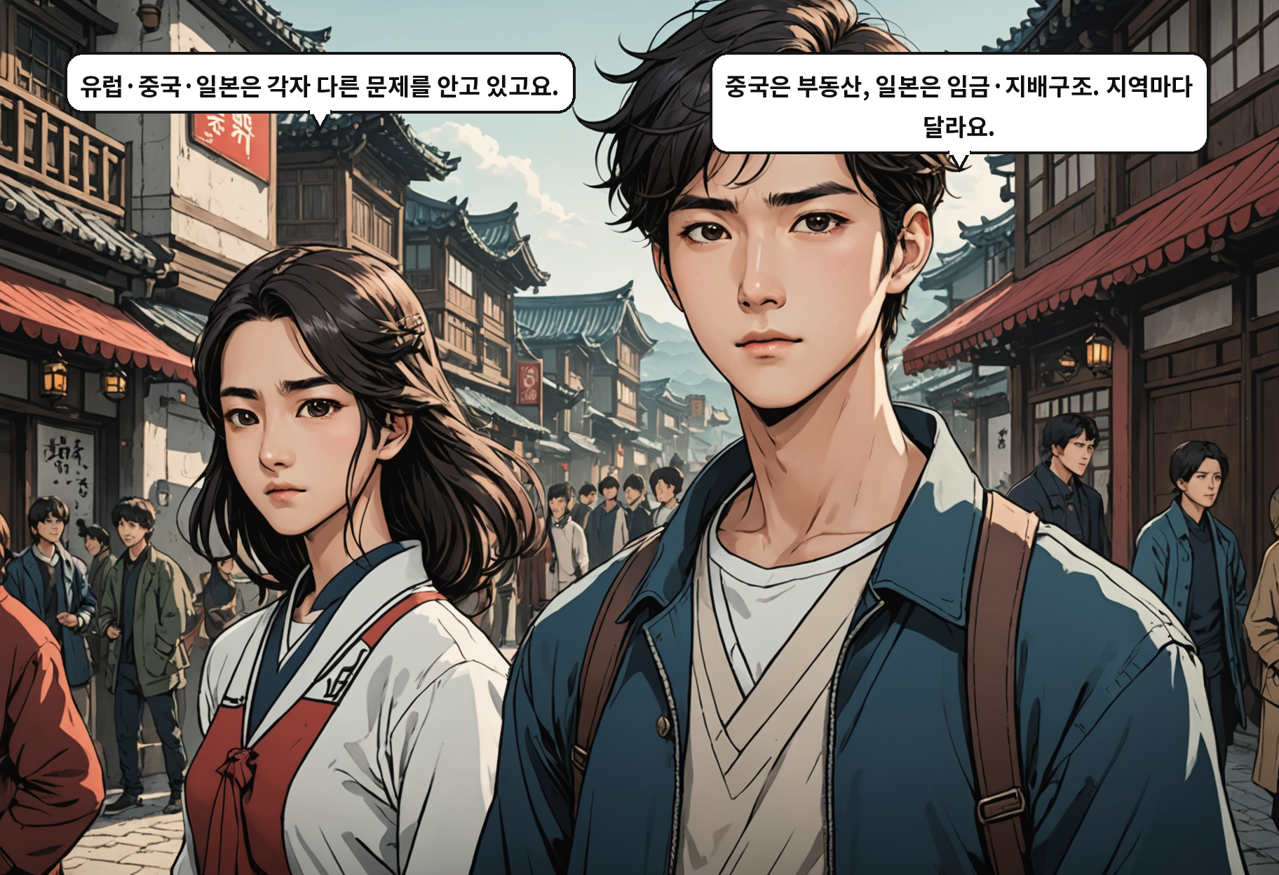 A: 유럽·중국·일본은 각자 다른 문제를 안고 있고요. B: 중국은 부동산, 일본은 임금·지배구조. 지역마다 달라요.