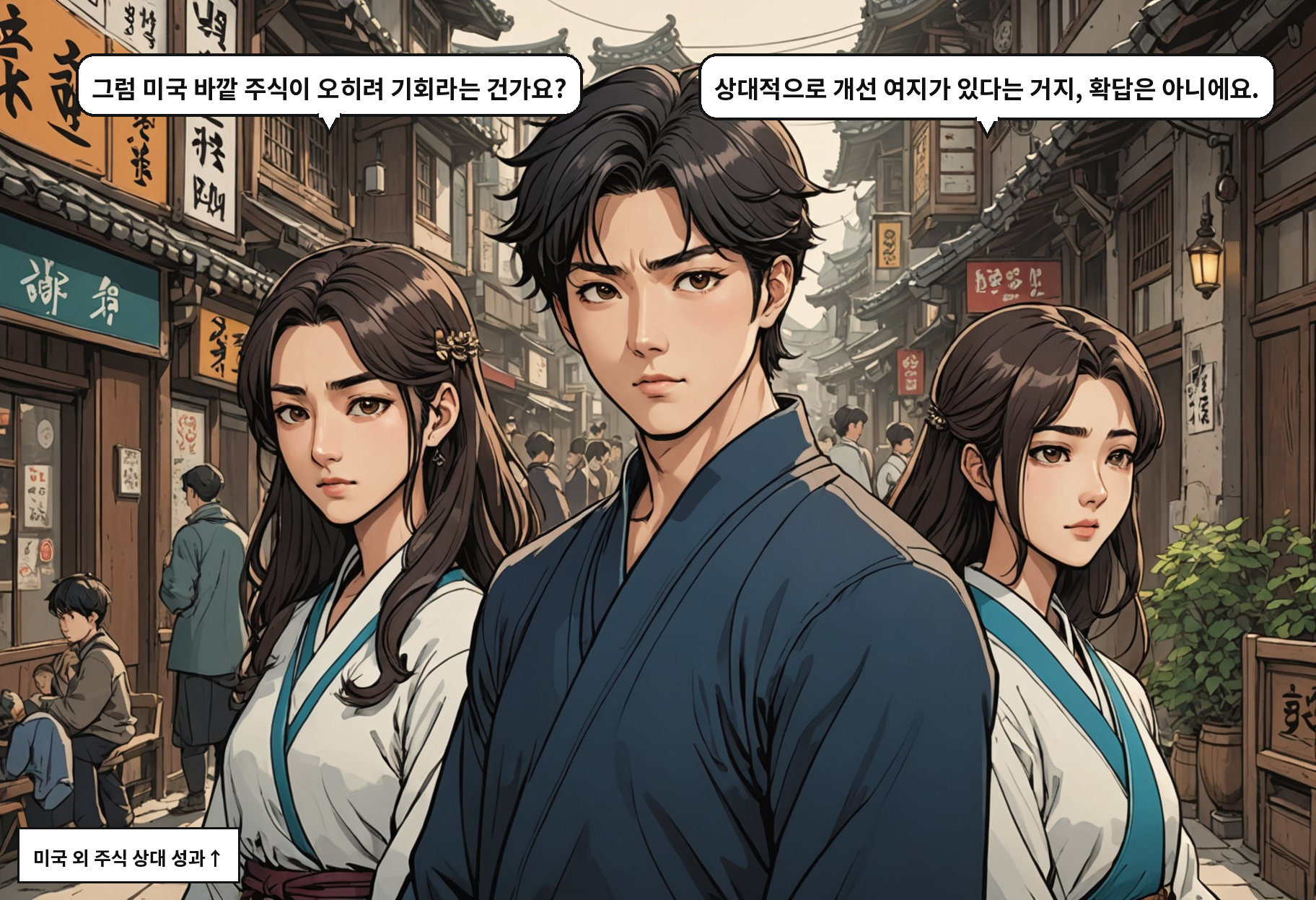 A: 그럼 미국 바깥 주식이 오히려 기회라는 건가요? B: 상대적으로 개선 여지가 있다는 거지, 확답은 아니에요.