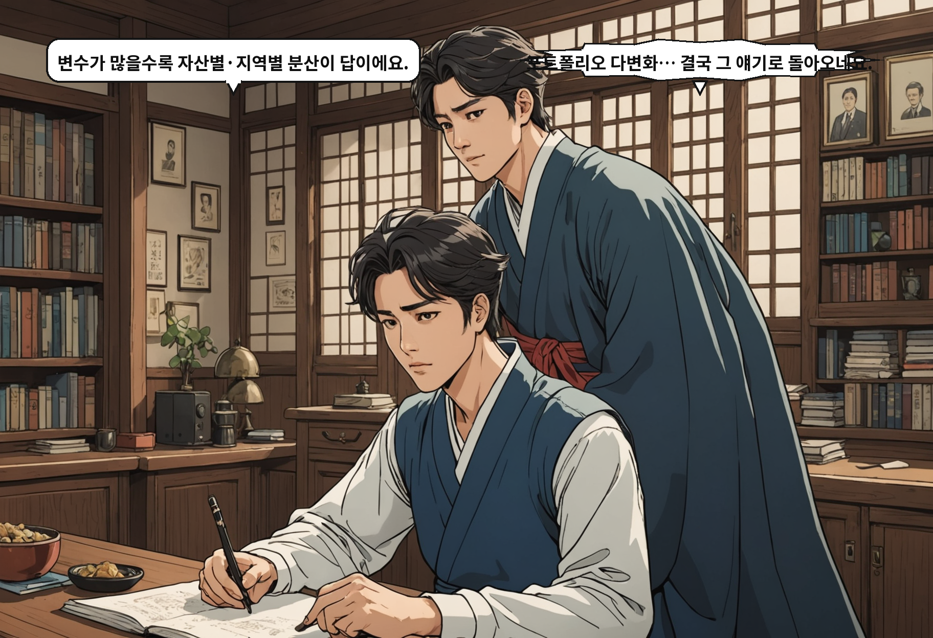 B: 변수가 많을수록 자산별·지역별 분산이 답이에요. A: 포트폴리오 다변화… 결국 그 얘기로 돌아오네요.