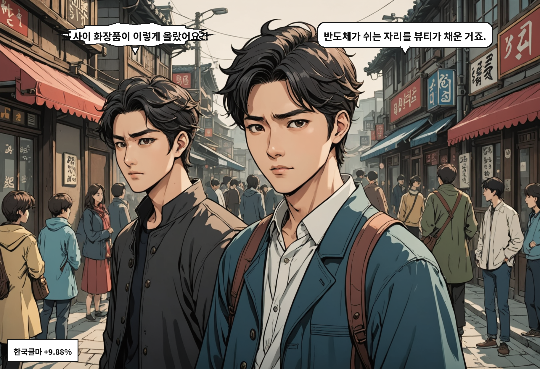 B: 그 사이 화장품이 이렇게 올랐어요?! A: 반도체가 쉬는 자리를 뷰티가 채운 거죠.