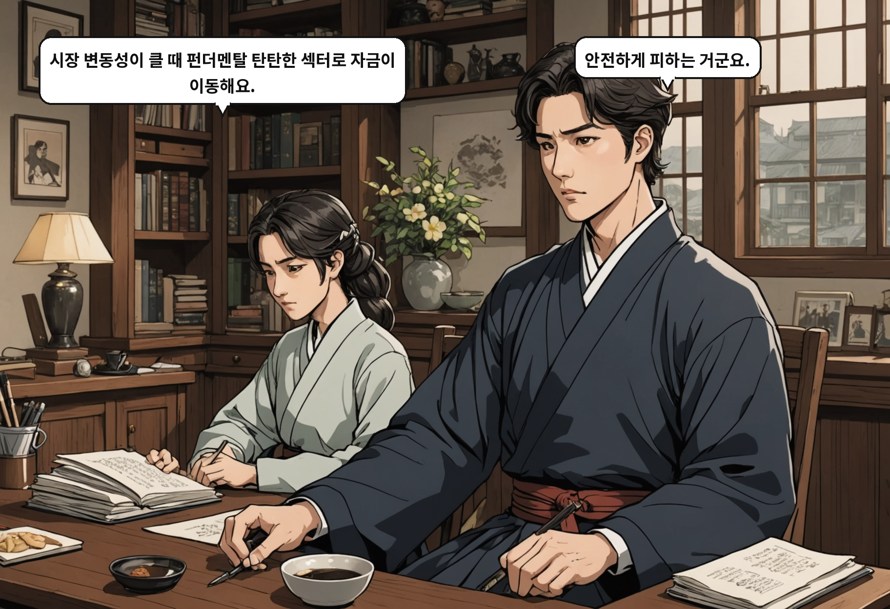 A: 시장 변동성이 클 때 펀더멘탈 탄탄한 섹터로 자금이 이동해요. B: 안전하게 피하는 거군요.