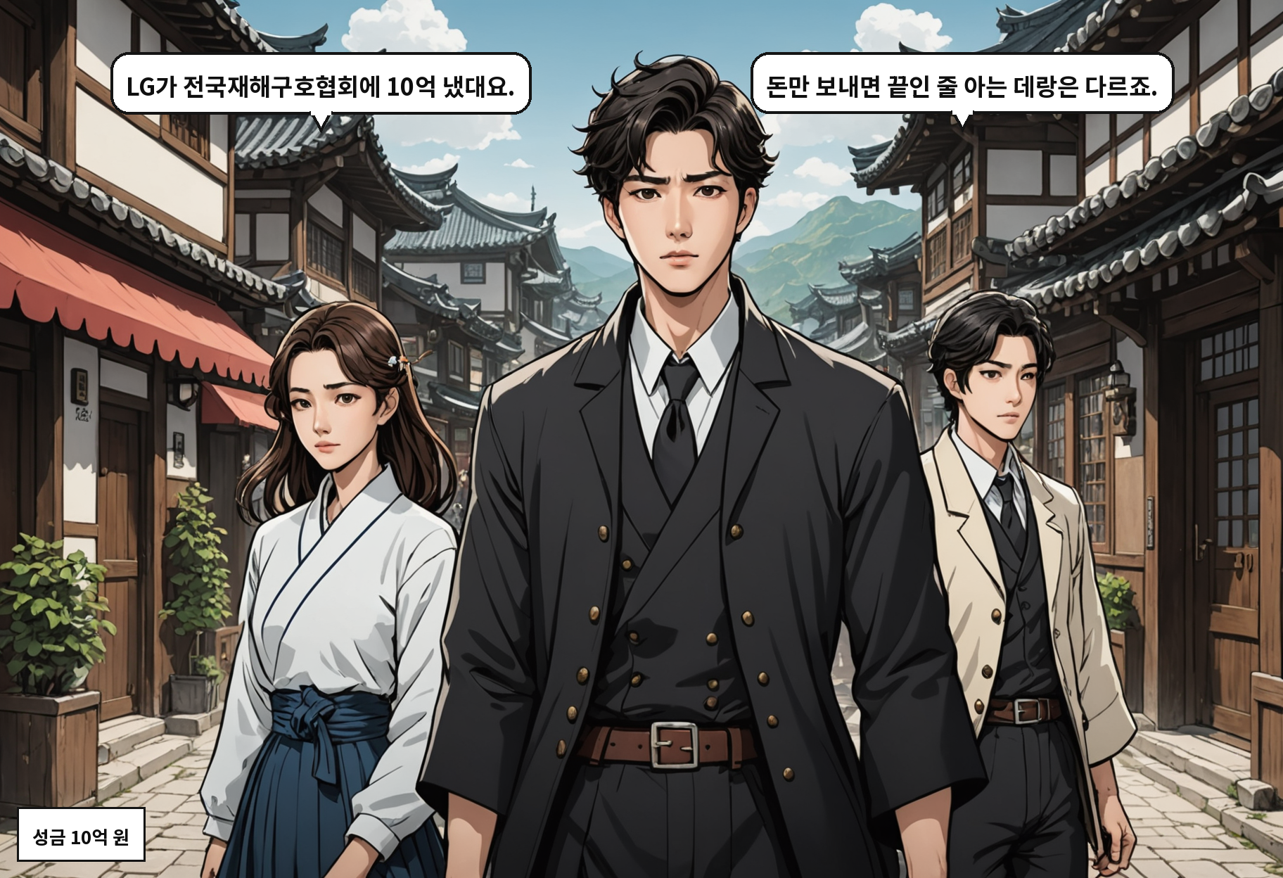 A: LG가 전국재해구호협회에 10억 냈대요. B: 돈만 보내면 끝인 줄 아는 데랑은 다르죠.